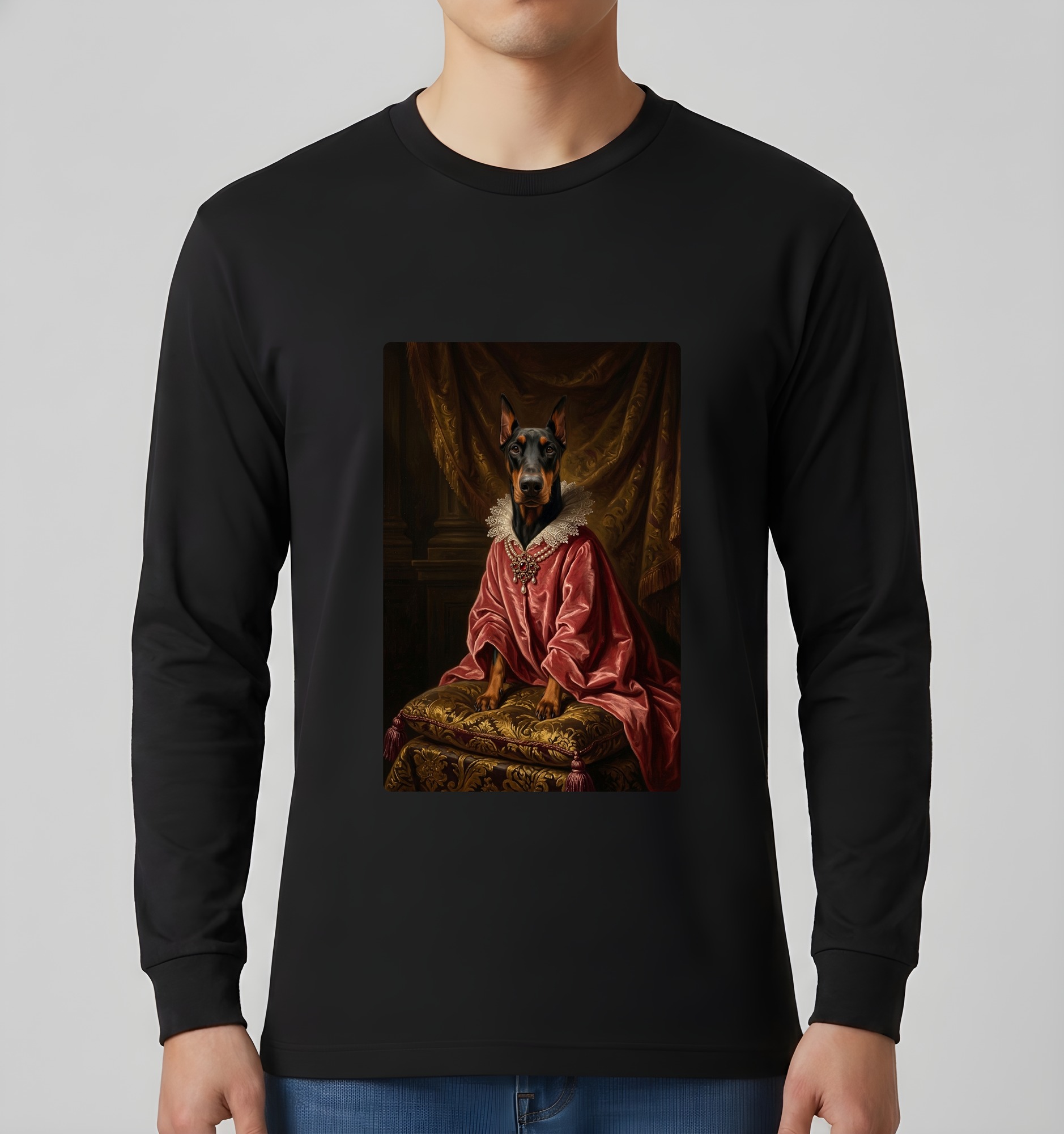 ドーベルマンのルネサンス肖像画長袖Tシャツ(ブラック)(3枚目)