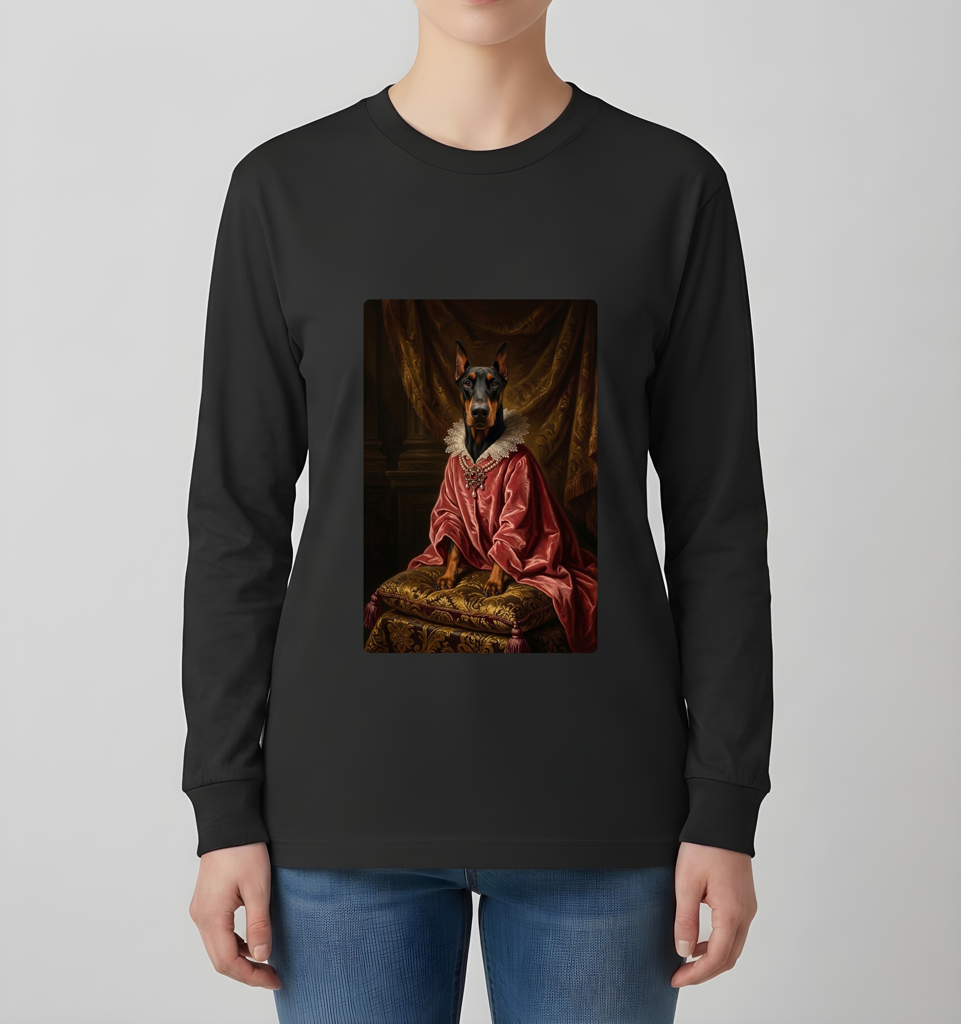 ドーベルマンのルネサンス肖像画長袖Tシャツ(ブラック)(4枚目)