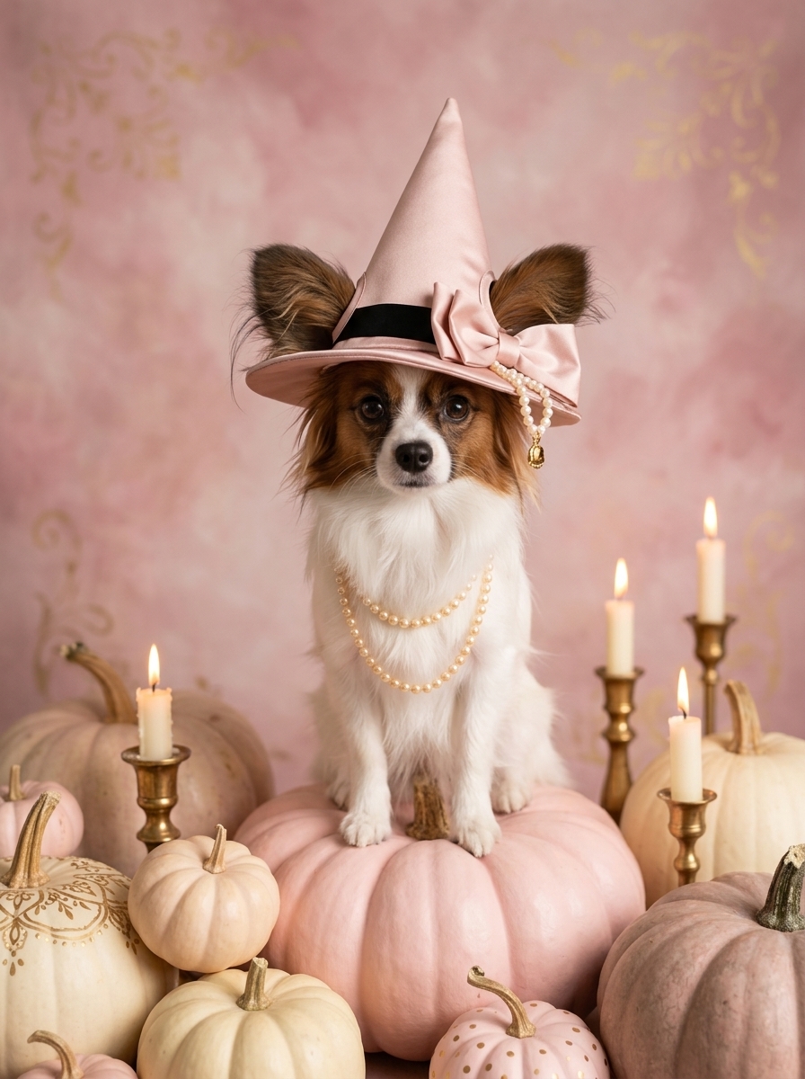 パピヨンのかぼちゃとキャンドルの油絵風アートハロウィン額装プリント（A4金縁）（4枚目）
