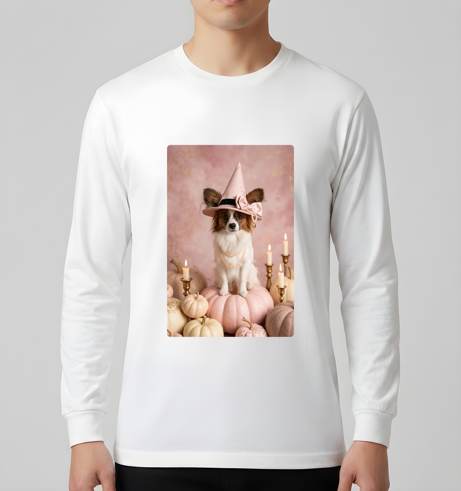 パピヨンのかぼちゃとキャンドルの油絵風アートハロウィン長袖Tシャツ（ホワイト）（3枚目）
