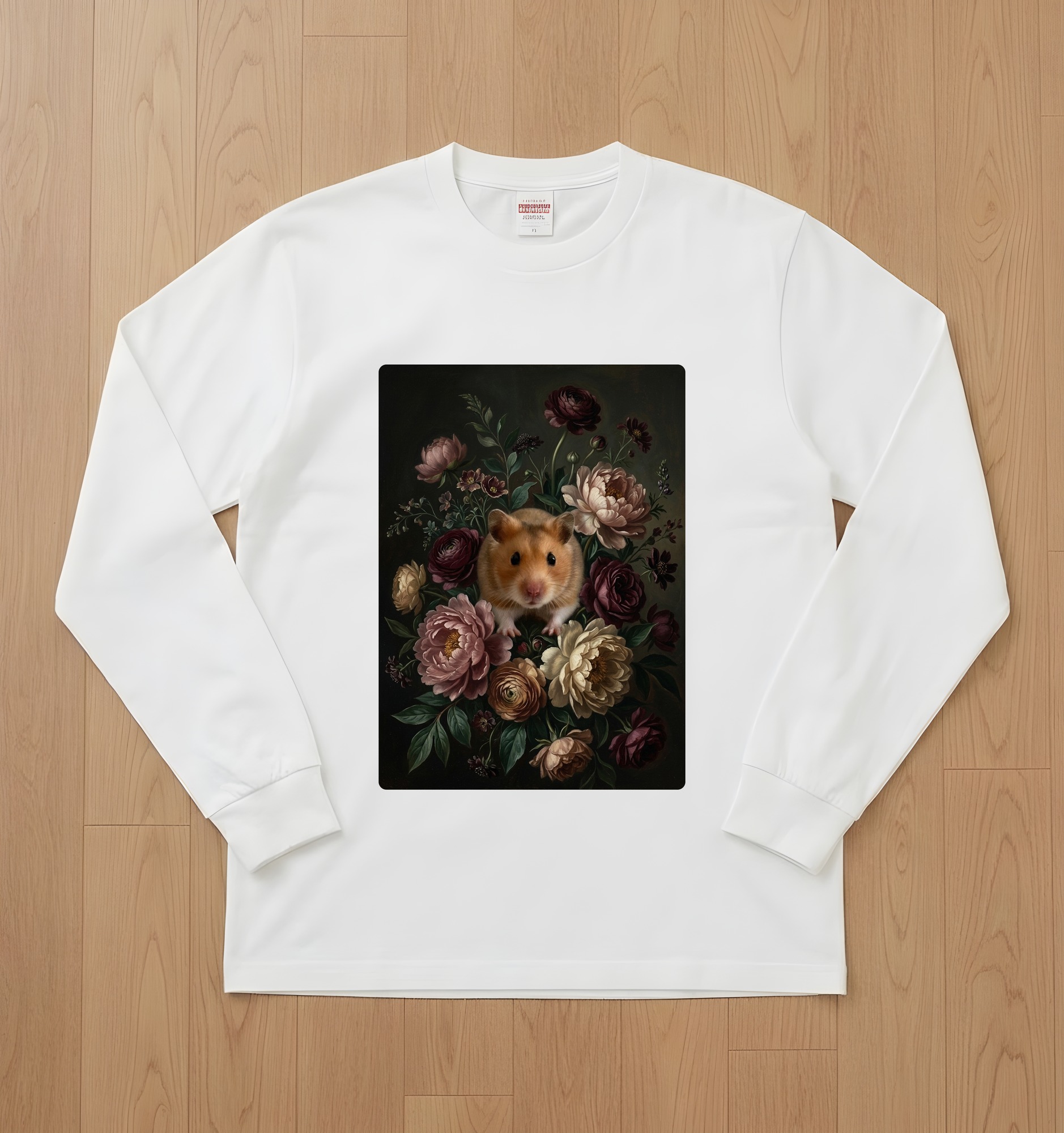 ゴールデンハムスターの花の油絵風アート花柄長袖Tシャツ(ホワイト)