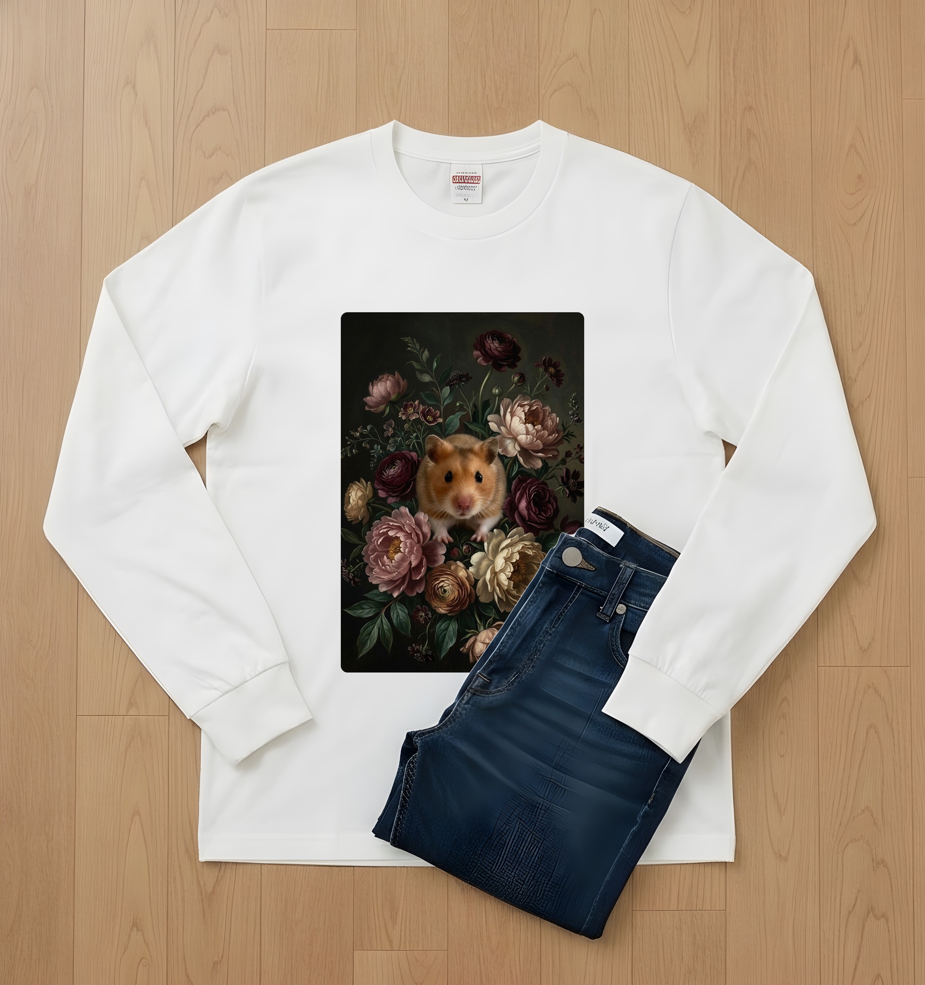 ゴールデンハムスターの花の油絵風アート花柄長袖Tシャツ(ホワイト)(2枚目)