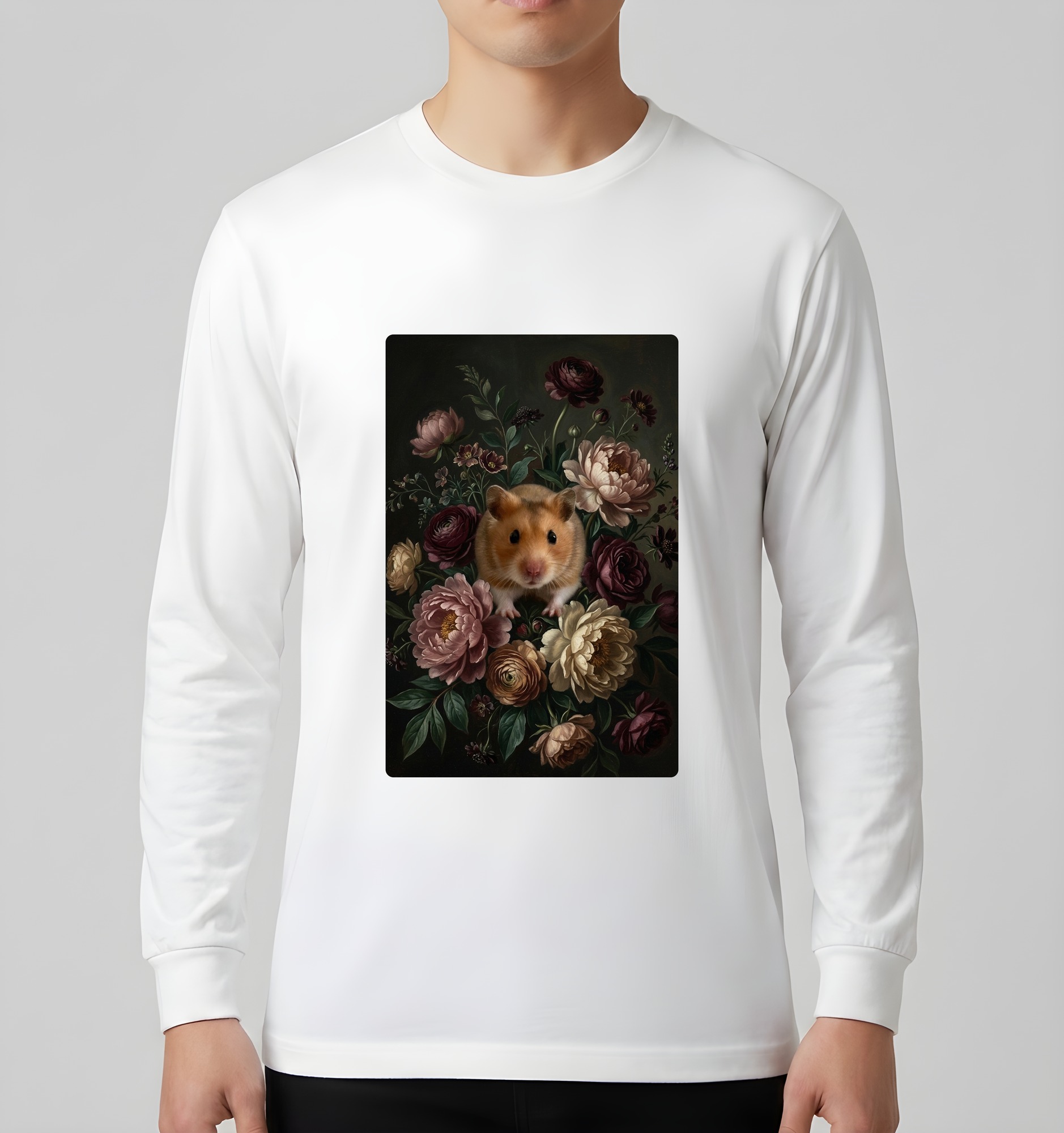 ゴールデンハムスターの花の油絵風アート花柄長袖Tシャツ(ホワイト)(3枚目)