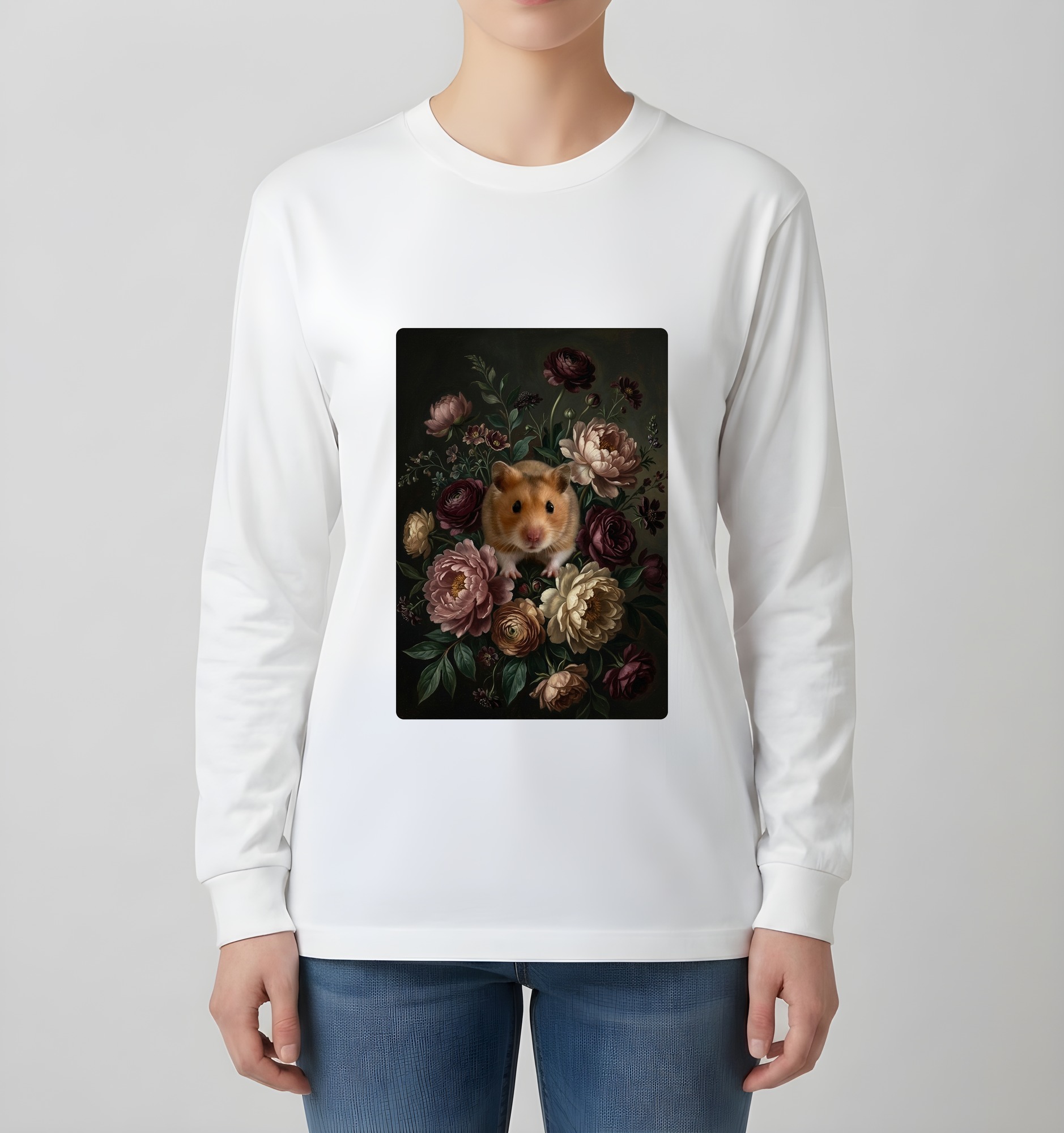 ゴールデンハムスターの花の油絵風アート花柄長袖Tシャツ(ホワイト)(4枚目)