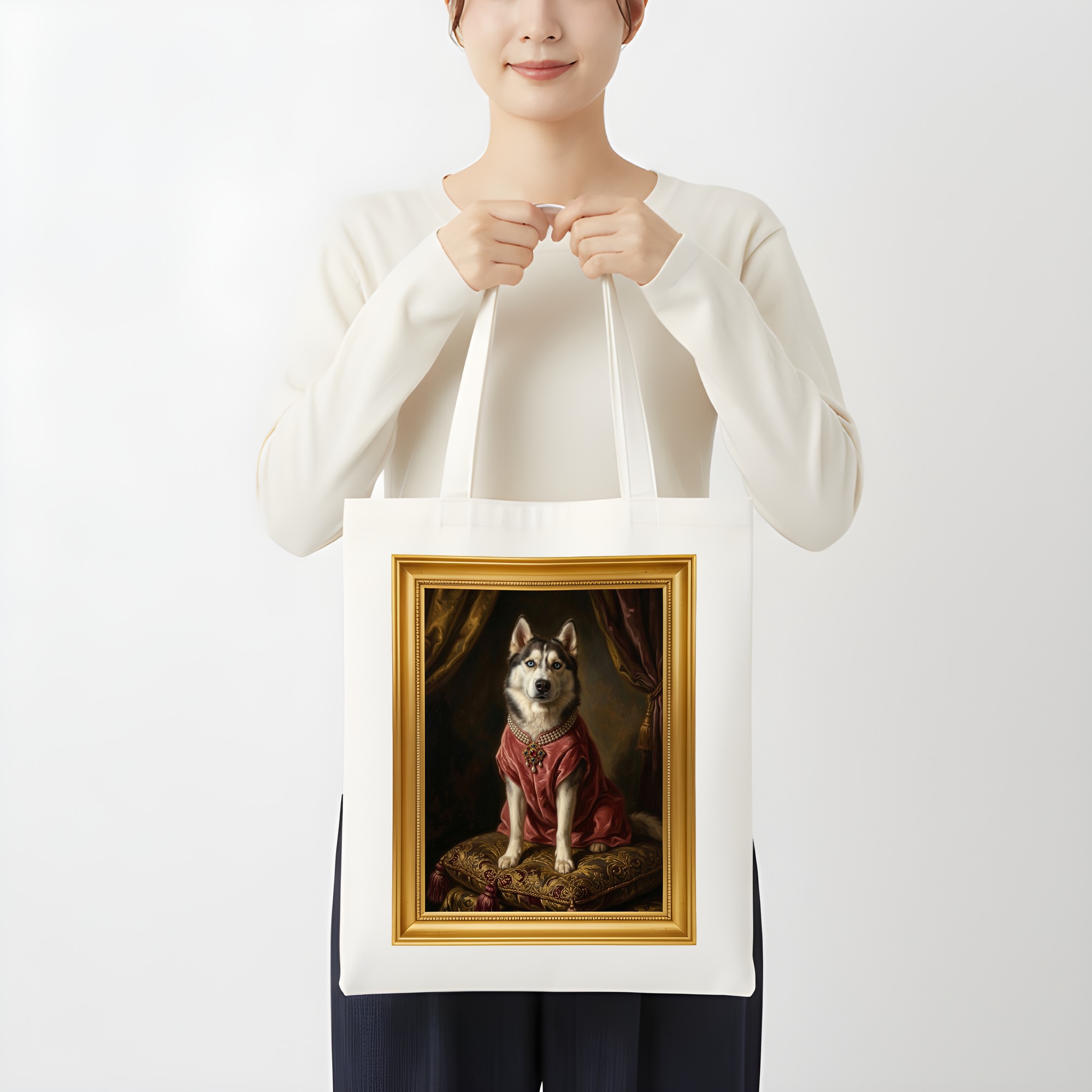 シベリアンハスキーのルネサンス肖像画トートバッグ（カラープリント・額縁デザインあり）（3枚目）