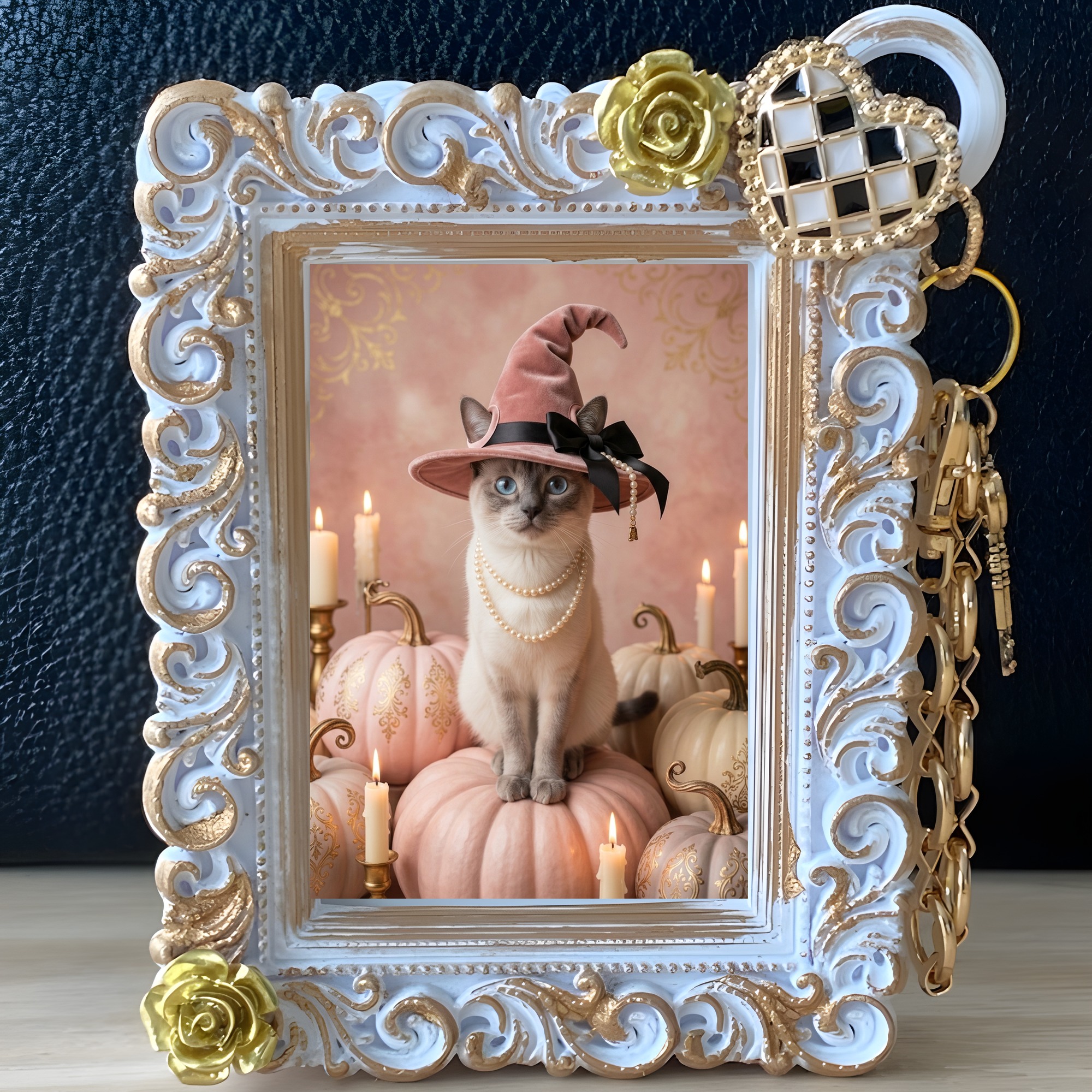 シャム猫のかぼちゃとキャンドルの油絵風アートハロウィンバッグチャーム（ホワイト）（2枚目）
