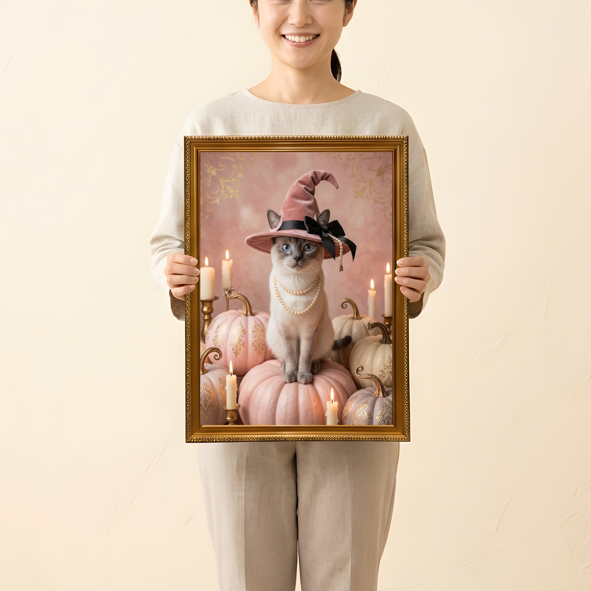 シャム猫のかぼちゃとキャンドルの油絵風アートハロウィン額装プリント(A3サイズ)(2枚目)