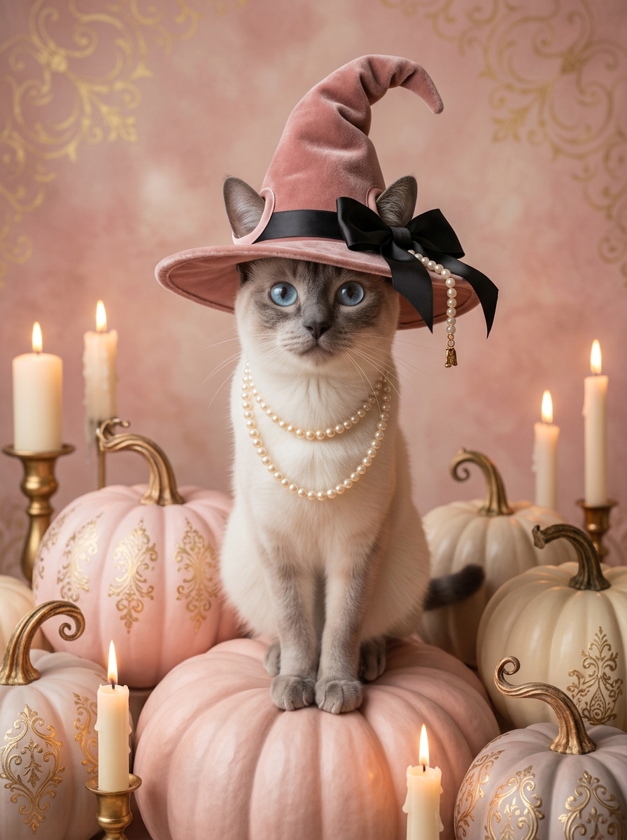 シャム猫のかぼちゃとキャンドルの油絵風アートハロウィン額装プリント(A3サイズ)(4枚目)