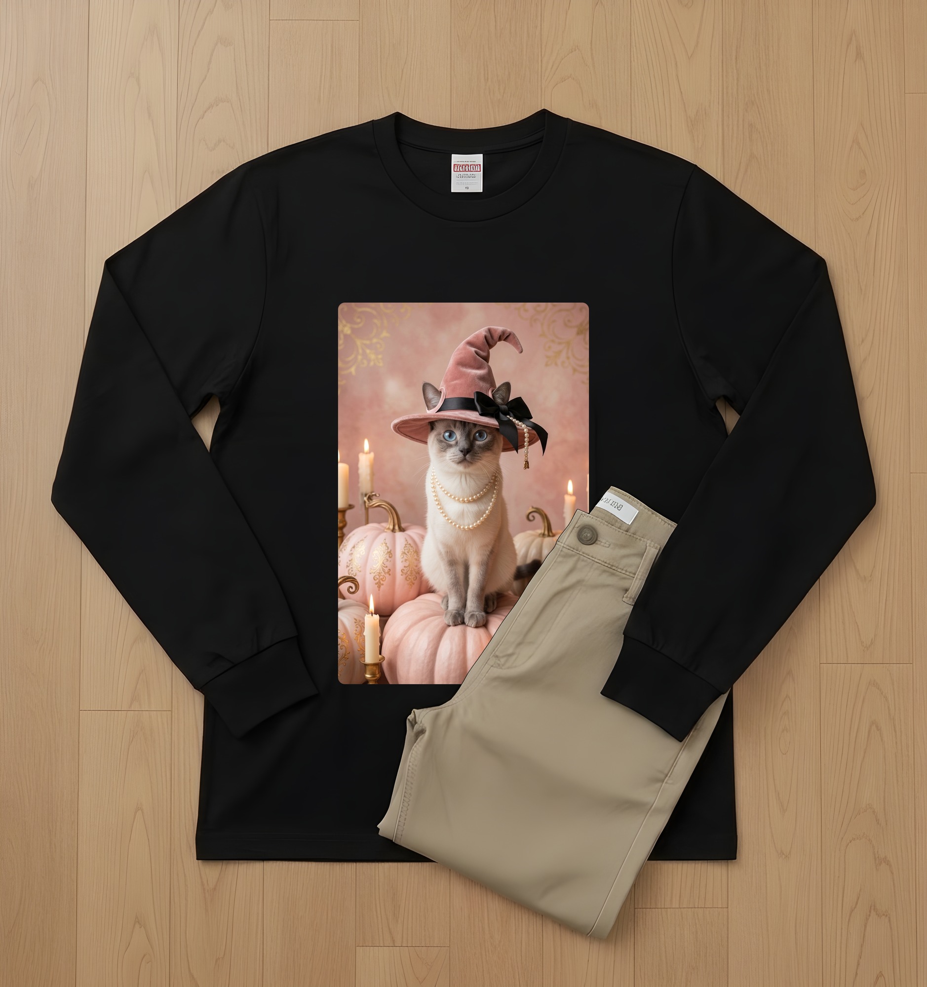 シャム猫のかぼちゃとキャンドルの油絵風アートハロウィン長袖Tシャツ(ブラック)(2枚目)
