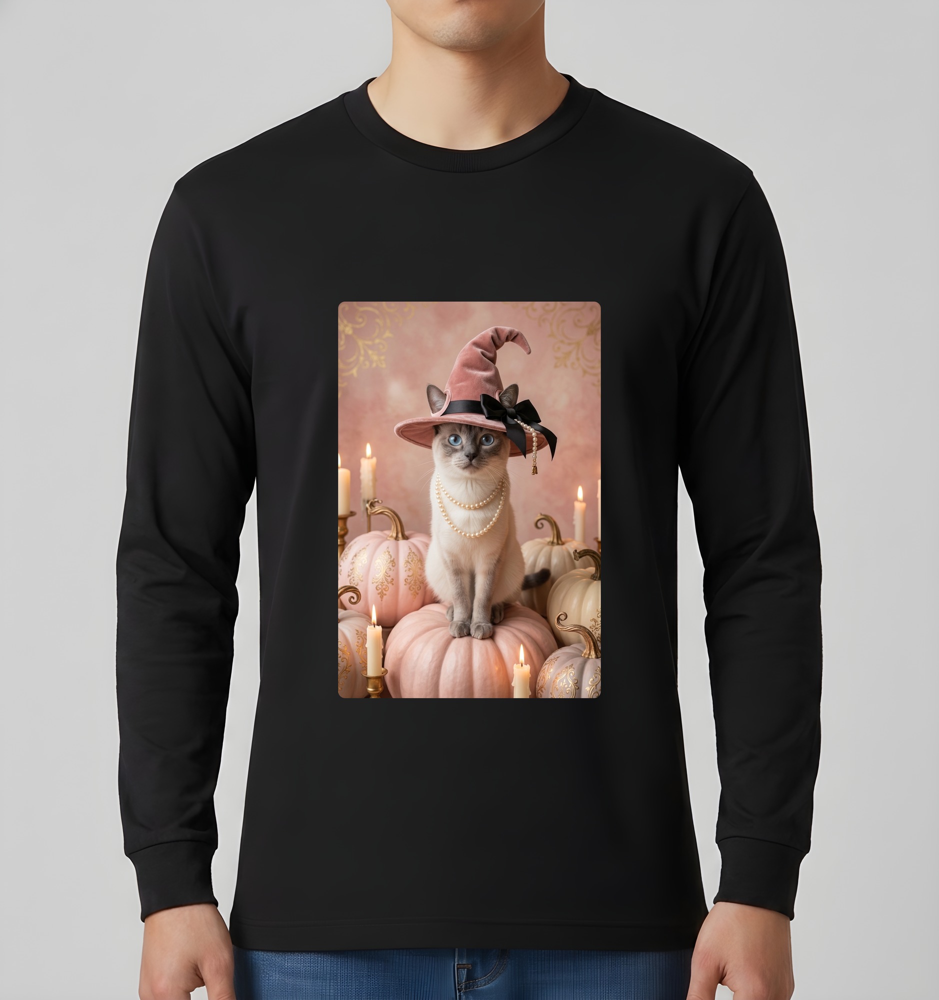 シャム猫のかぼちゃとキャンドルの油絵風アートハロウィン長袖Tシャツ(ブラック)(3枚目)