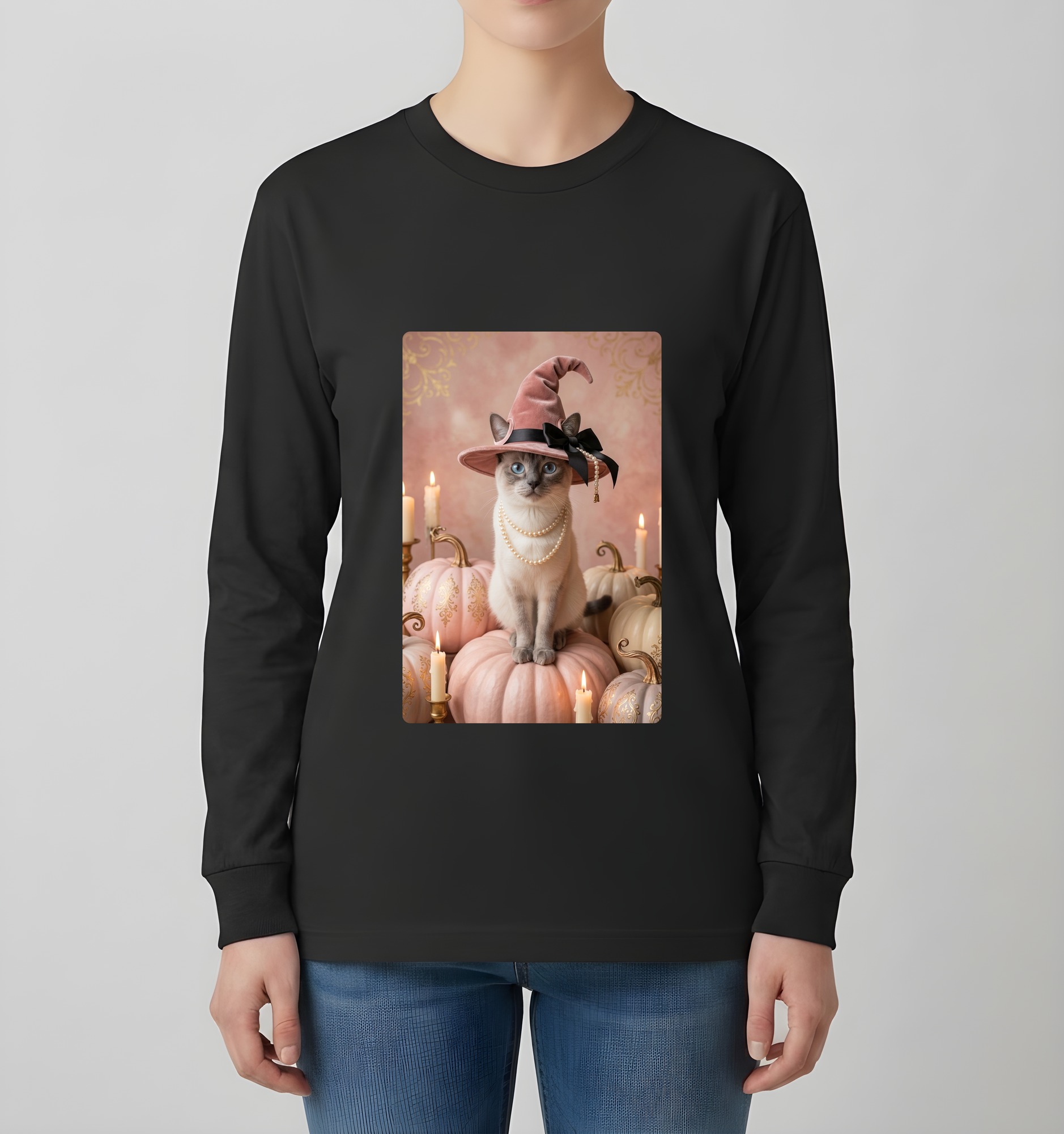 シャム猫のかぼちゃとキャンドルの油絵風アートハロウィン長袖Tシャツ(ブラック)(4枚目)