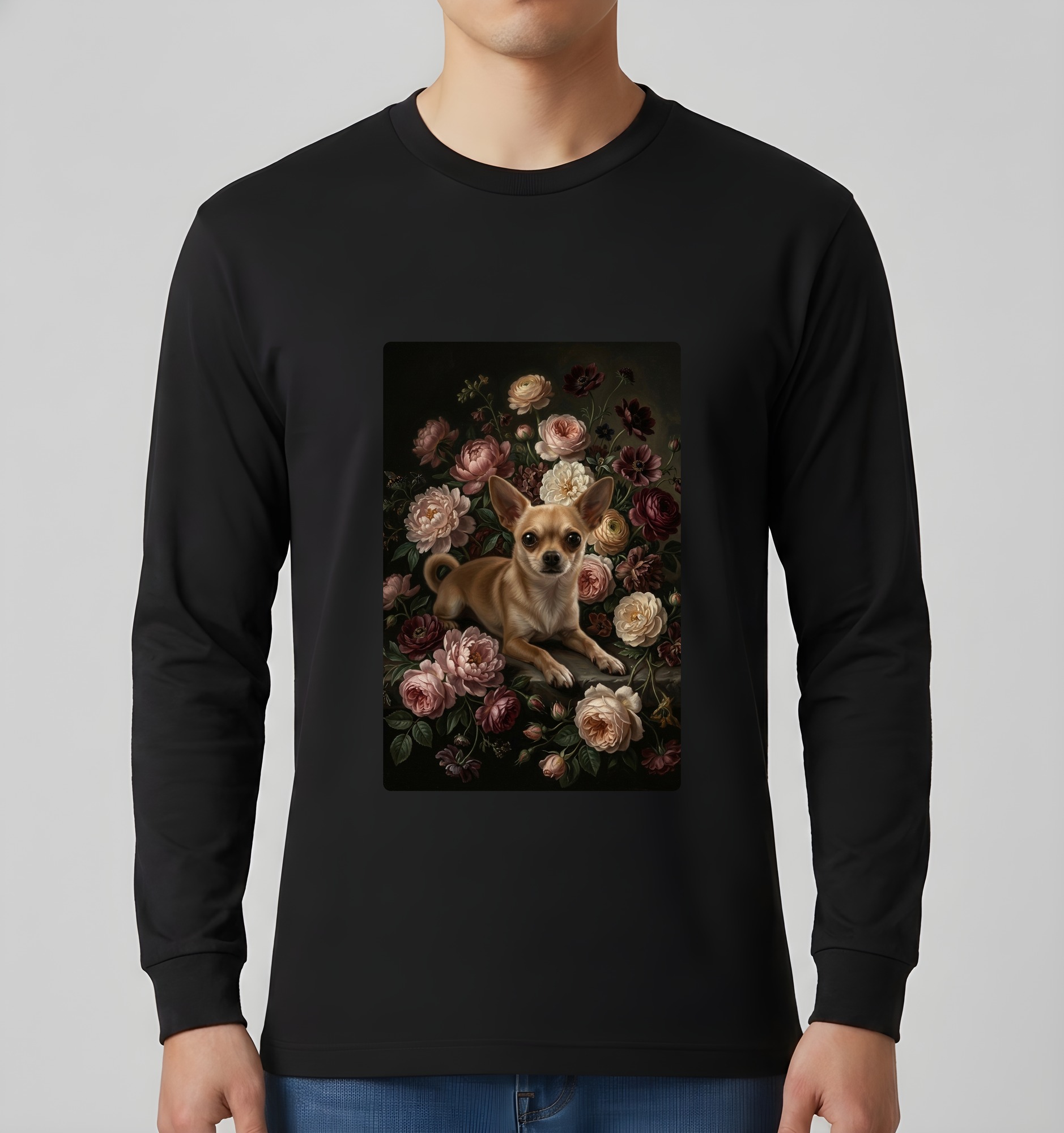 チワワの花の油絵風アート花柄長袖Tシャツ（ブラック）（3枚目）