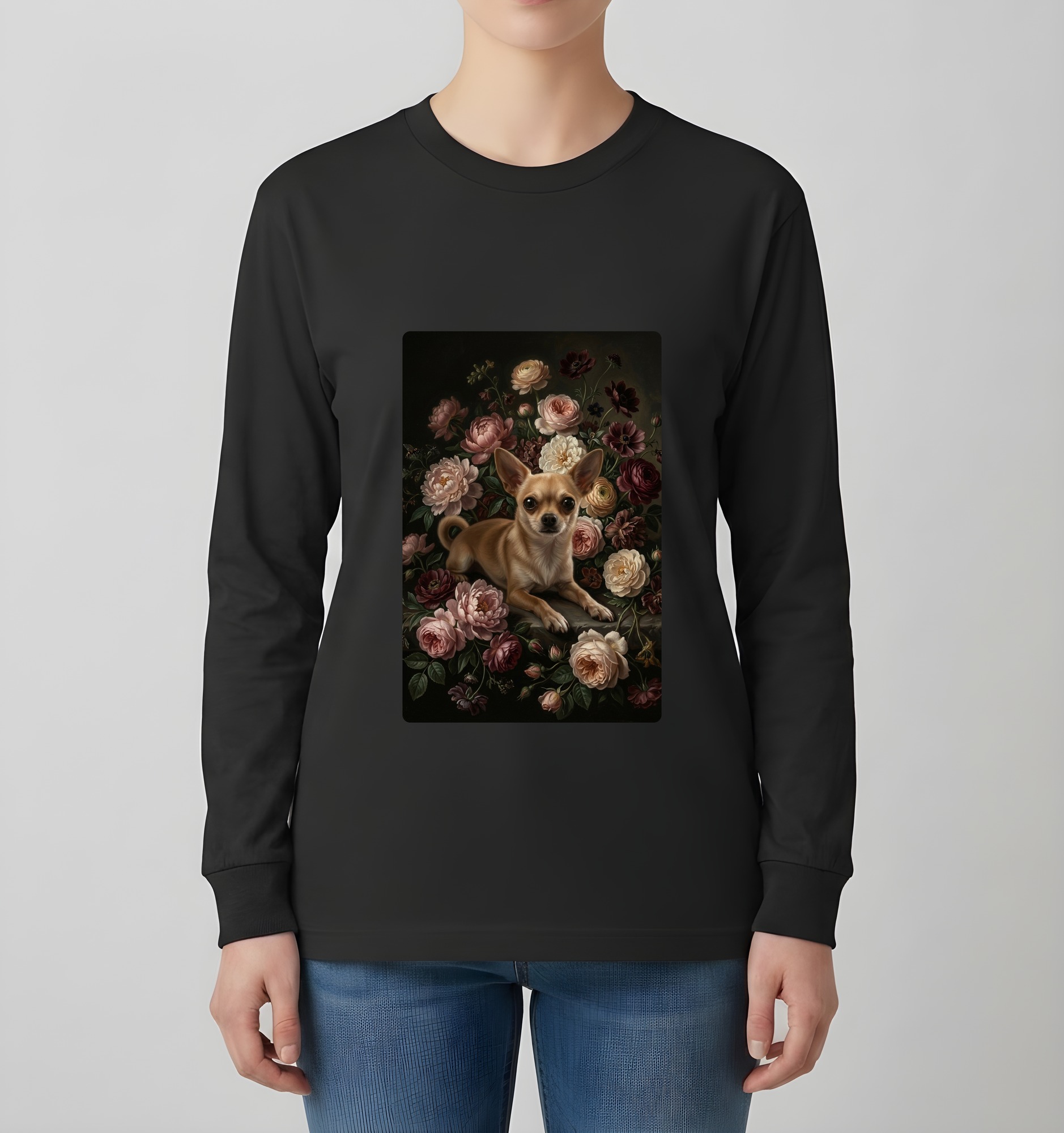 チワワの花の油絵風アート花柄長袖Tシャツ（ブラック）（4枚目）