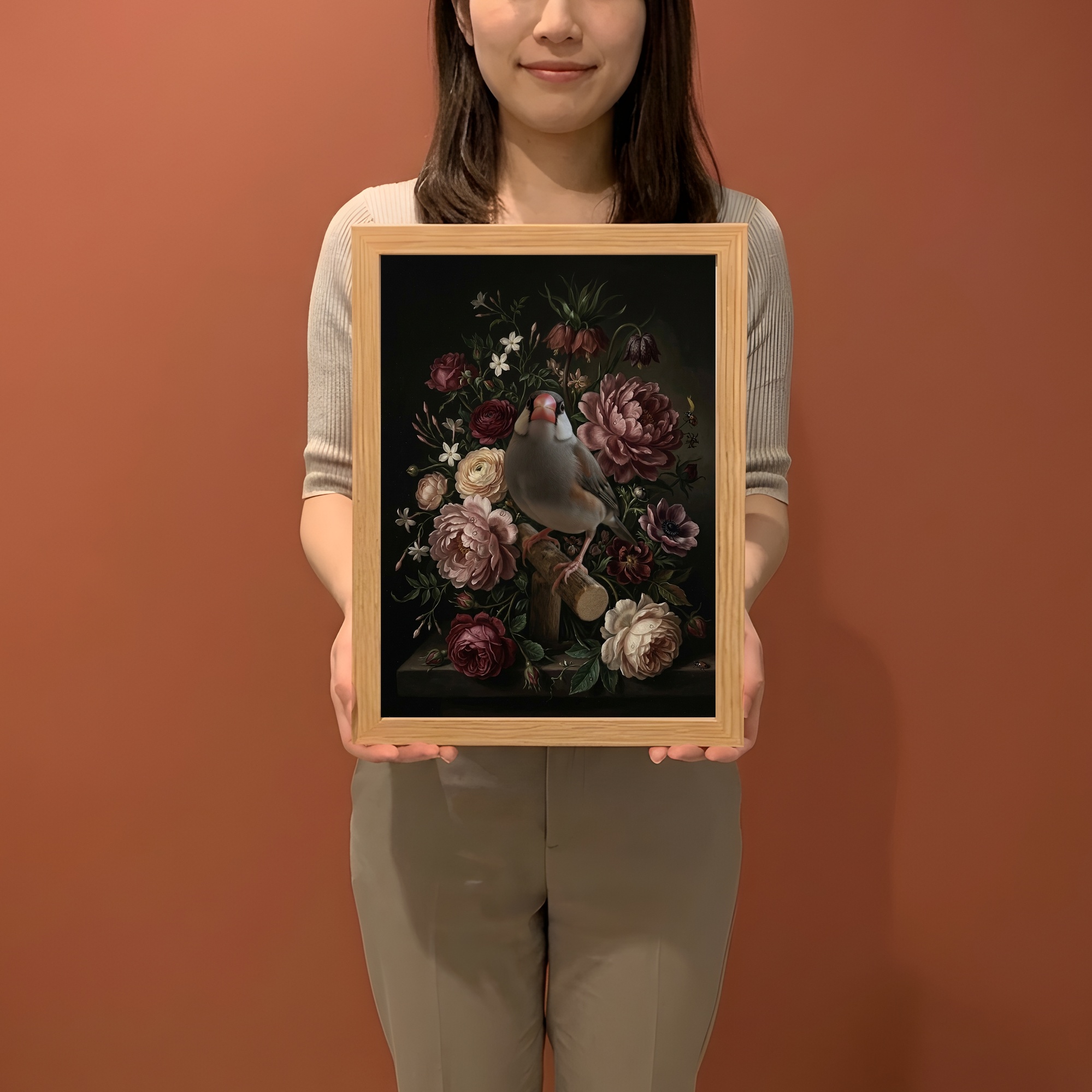 文鳥・ブンチョウの花の油絵風アート花柄額装プリント（A4サイズ）（2枚目）