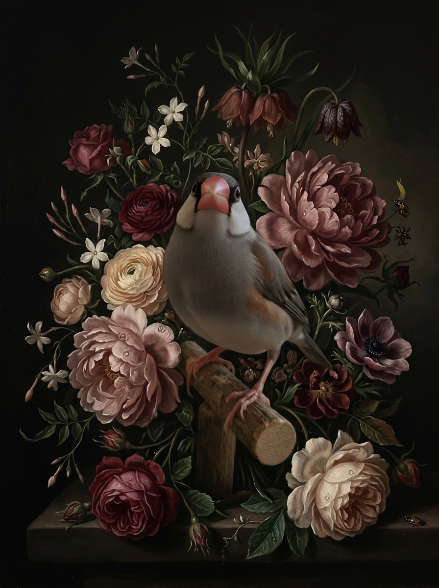 文鳥・ブンチョウの花の油絵風アート花柄額装プリント（A4サイズ）（4枚目）