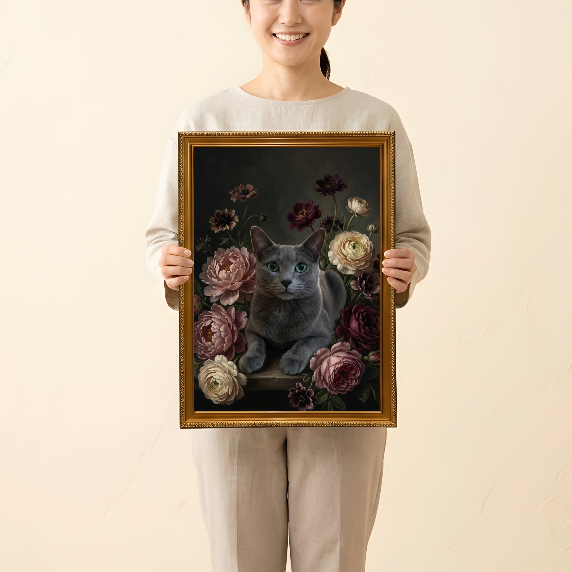 ロシアンブルーの花の油絵風アート花柄額装プリント（A3サイズ）（2枚目）