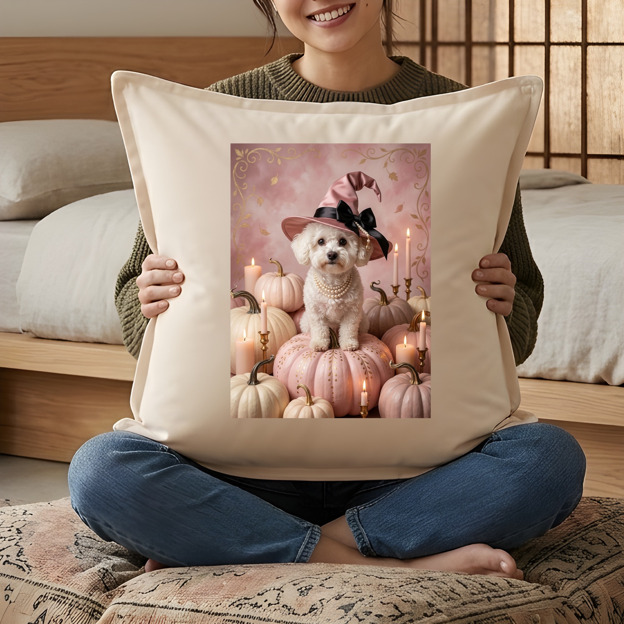 ビションフリーゼのかぼちゃとキャンドルの油絵風アートハロウィンクッション(3枚目)
