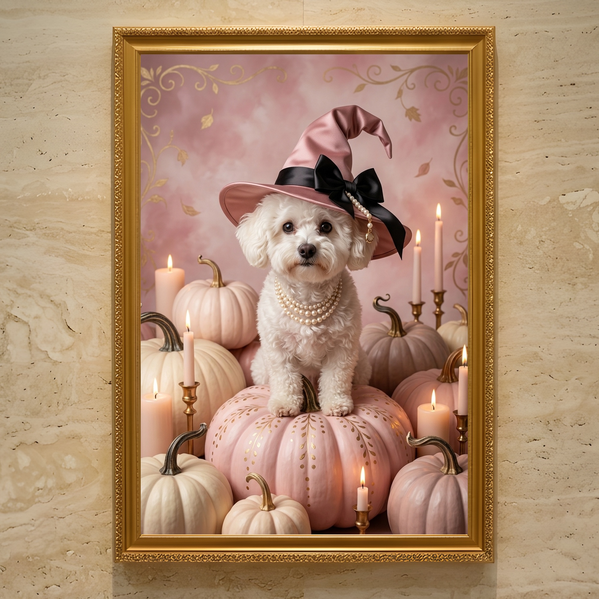 ビションフリーゼのかぼちゃとキャンドルの油絵風アートハロウィン額装プリント(A3サイズ)