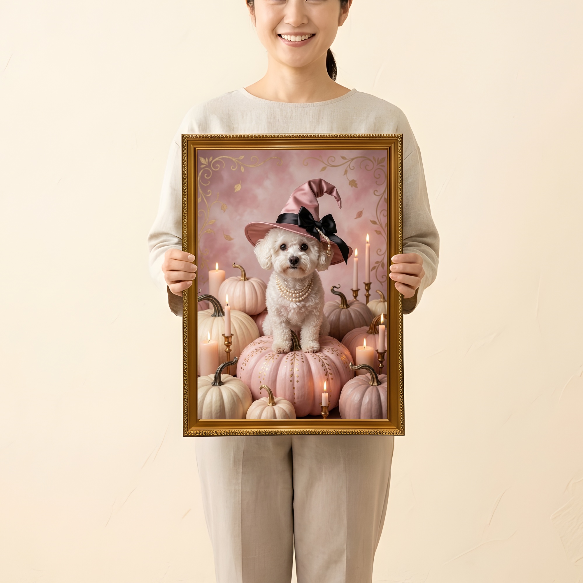 ビションフリーゼのかぼちゃとキャンドルの油絵風アートハロウィン額装プリント(A3サイズ)(2枚目)