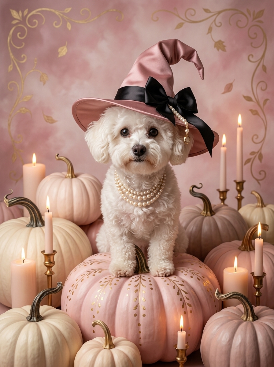ビションフリーゼのかぼちゃとキャンドルの油絵風アートハロウィン額装プリント(A3サイズ)(4枚目)