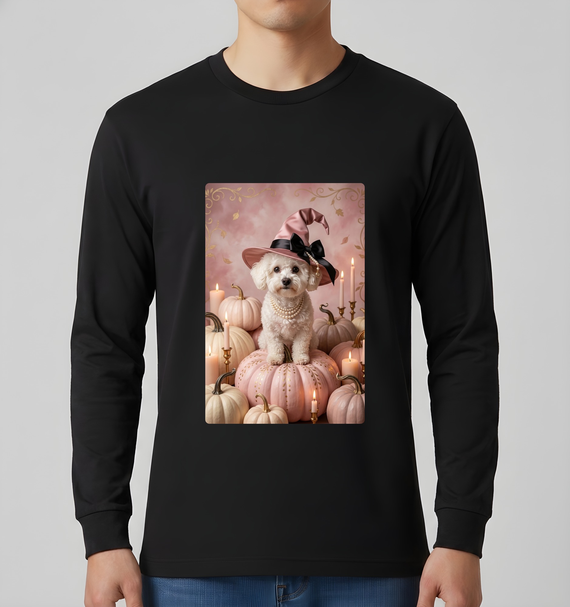 ビションフリーゼのかぼちゃとキャンドルの油絵風アートハロウィン長袖Tシャツ(ブラック)(3枚目)