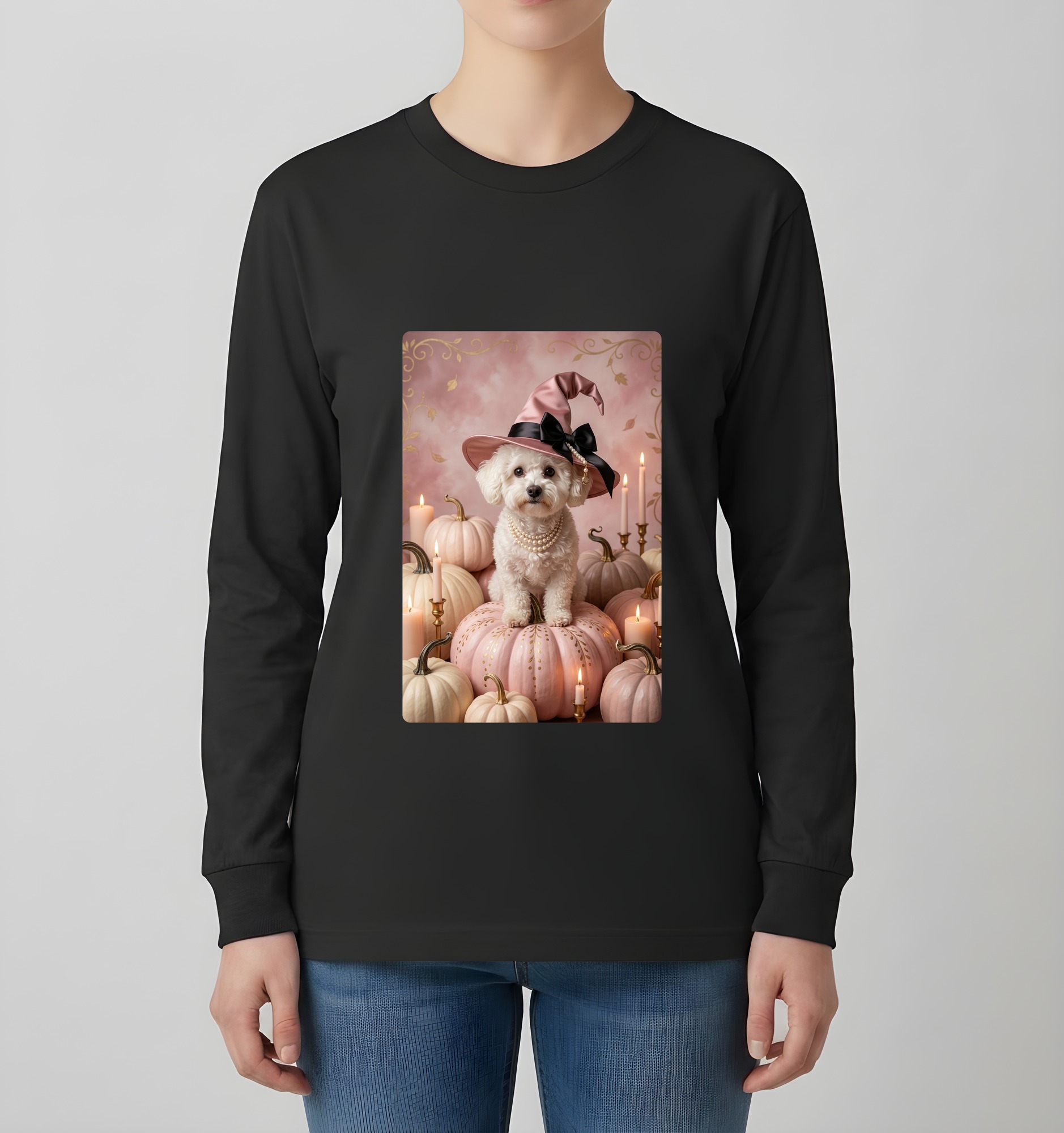 ビションフリーゼのかぼちゃとキャンドルの油絵風アートハロウィン長袖Tシャツ(ブラック)(4枚目)