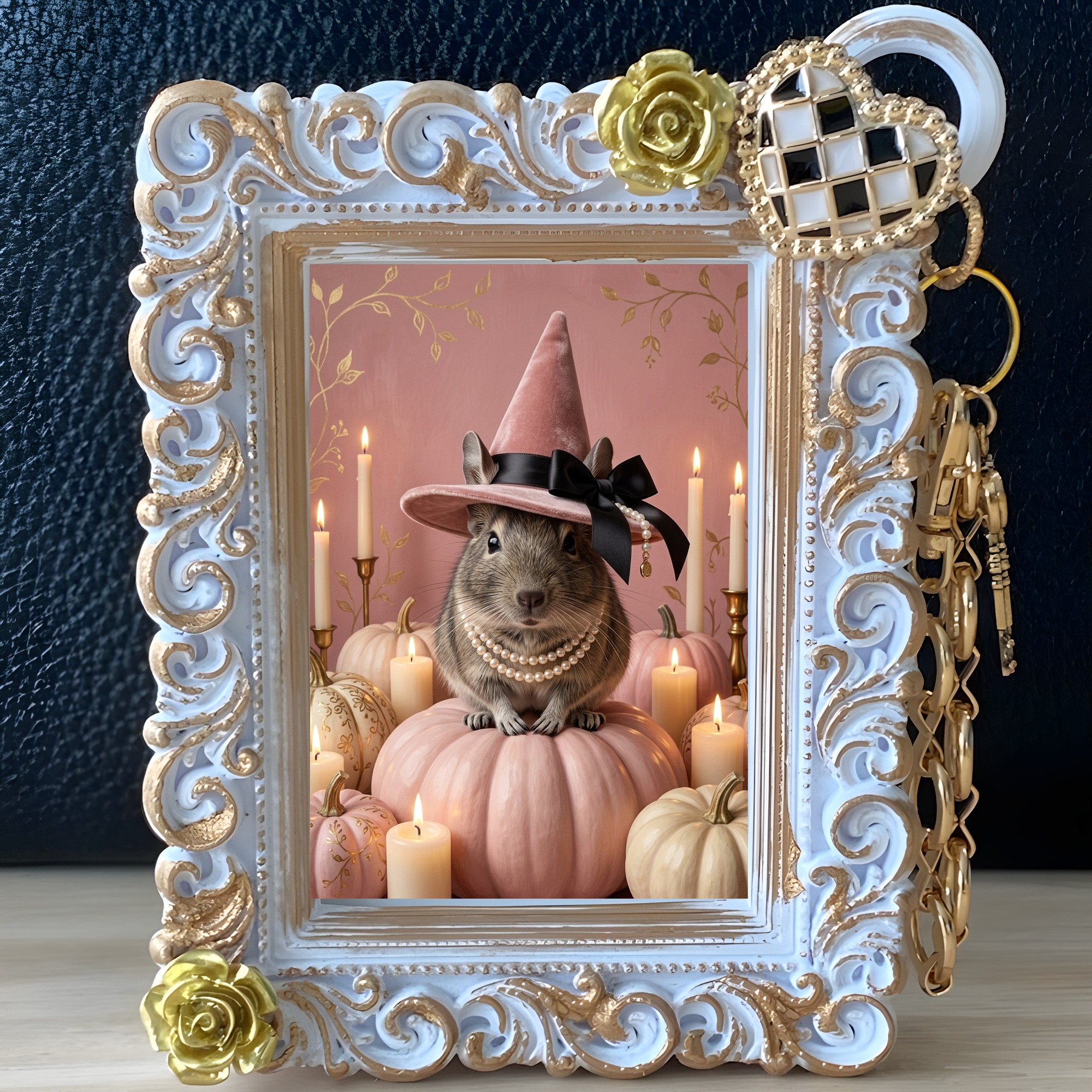 デグーのかぼちゃとキャンドルの油絵風アートハロウィンバッグチャーム（ホワイト）（2枚目）