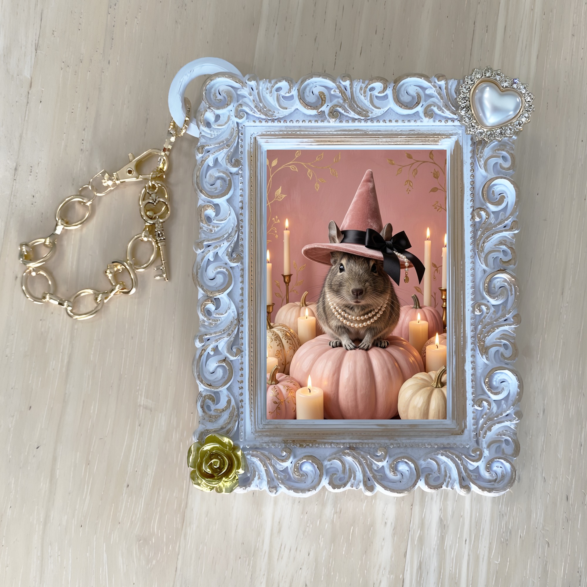 デグーのかぼちゃとキャンドルの油絵風アートハロウィンバッグチャーム（ホワイト）（4枚目）
