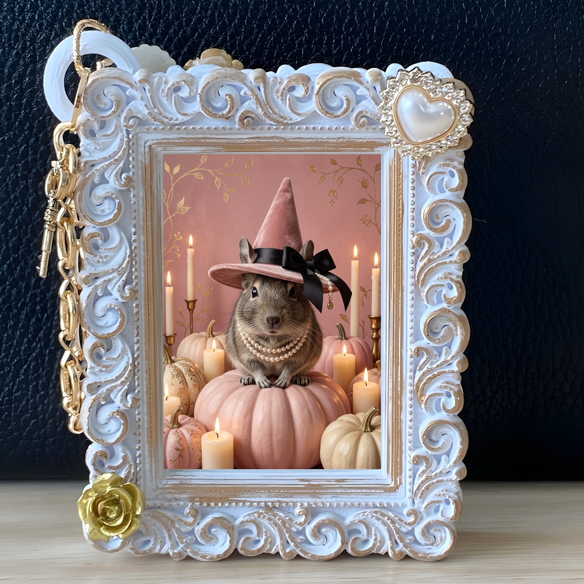 デグーのかぼちゃとキャンドルの油絵風アートハロウィンバッグチャーム（ホワイト）（5枚目）