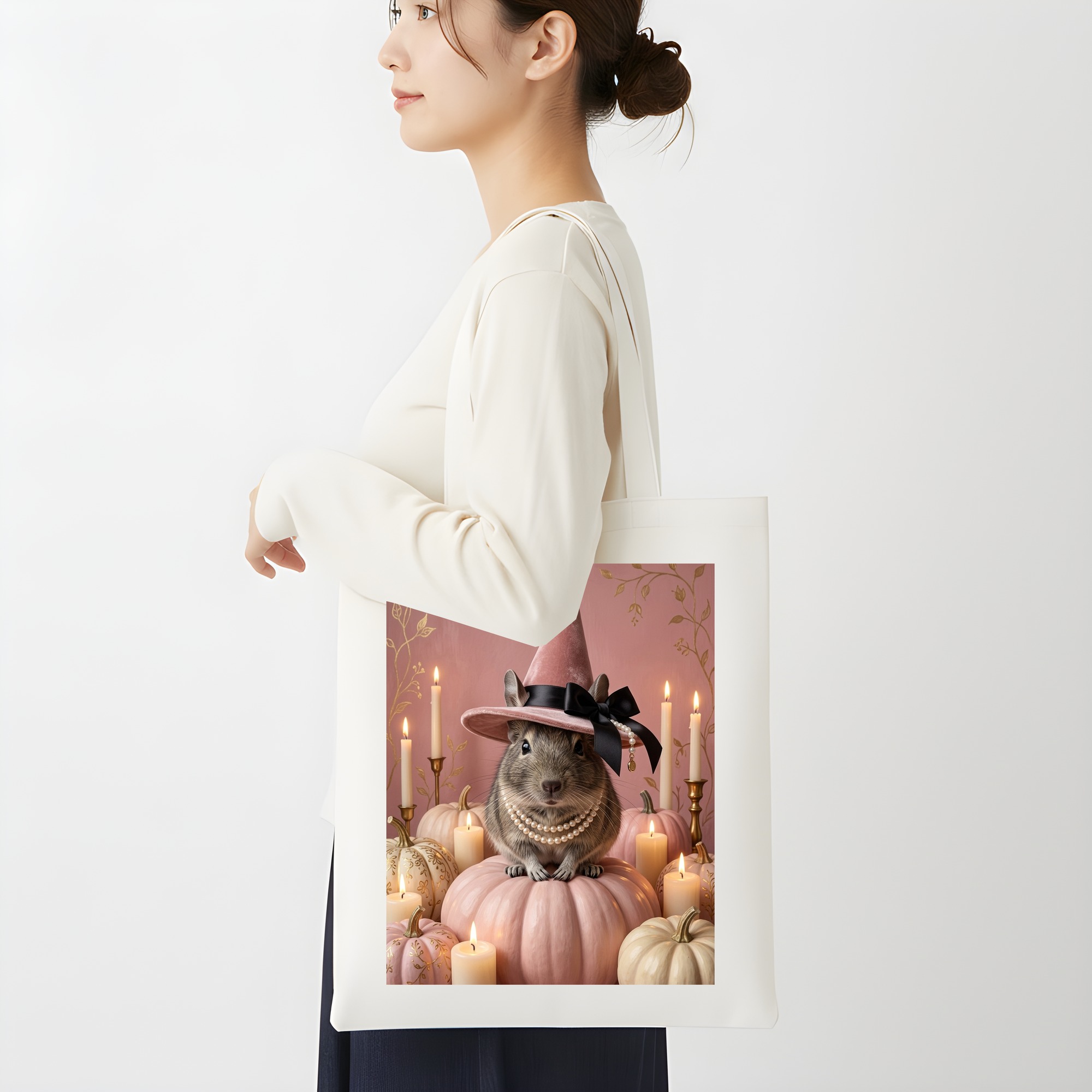 デグーのかぼちゃとキャンドルの油絵風アートハロウィントートバッグ（2枚目）