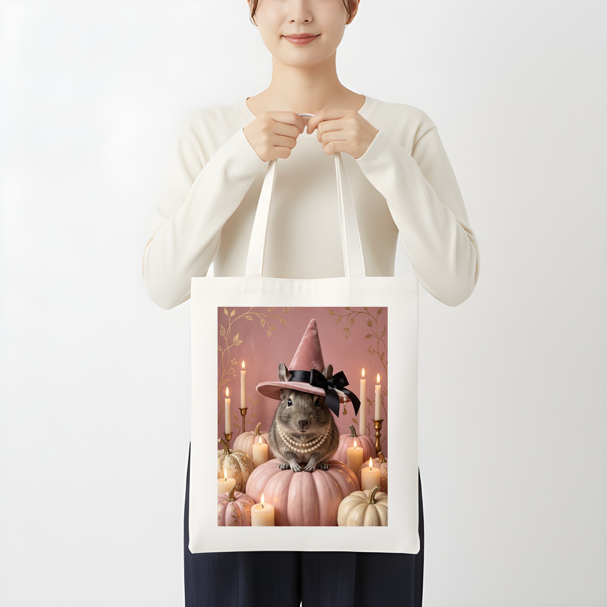 デグーのかぼちゃとキャンドルの油絵風アートハロウィントートバッグ（3枚目）