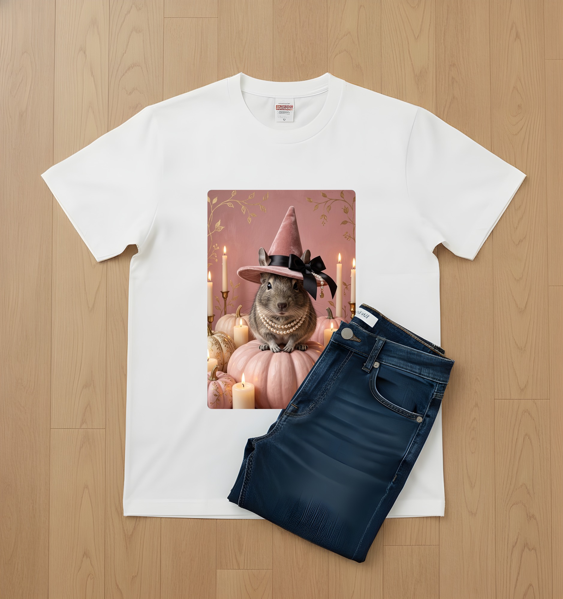 デグーのかぼちゃとキャンドルの油絵風アートハロウィンTシャツ(ホワイト)(2枚目)