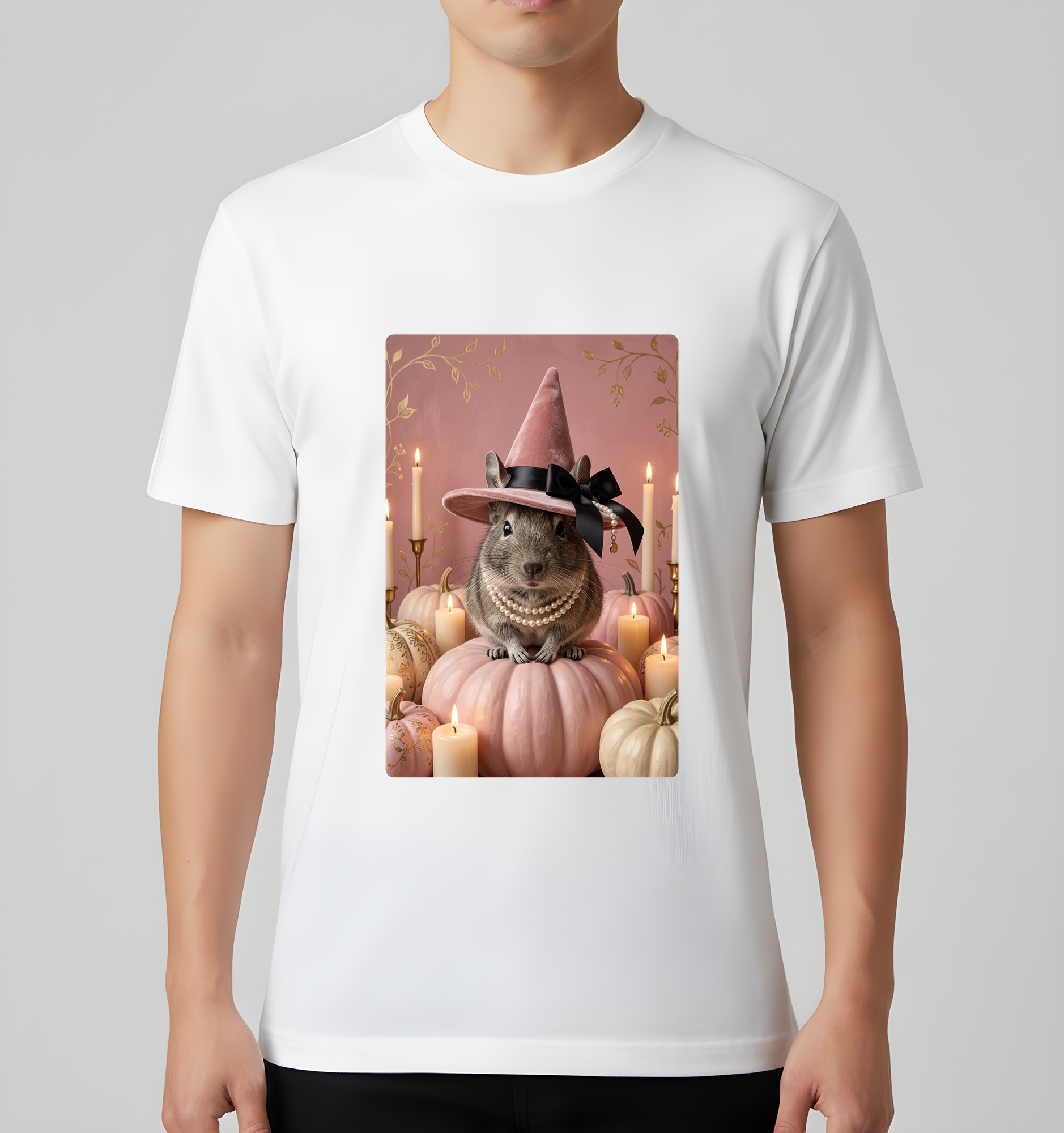デグーのかぼちゃとキャンドルの油絵風アートハロウィンTシャツ(ホワイト)(3枚目)