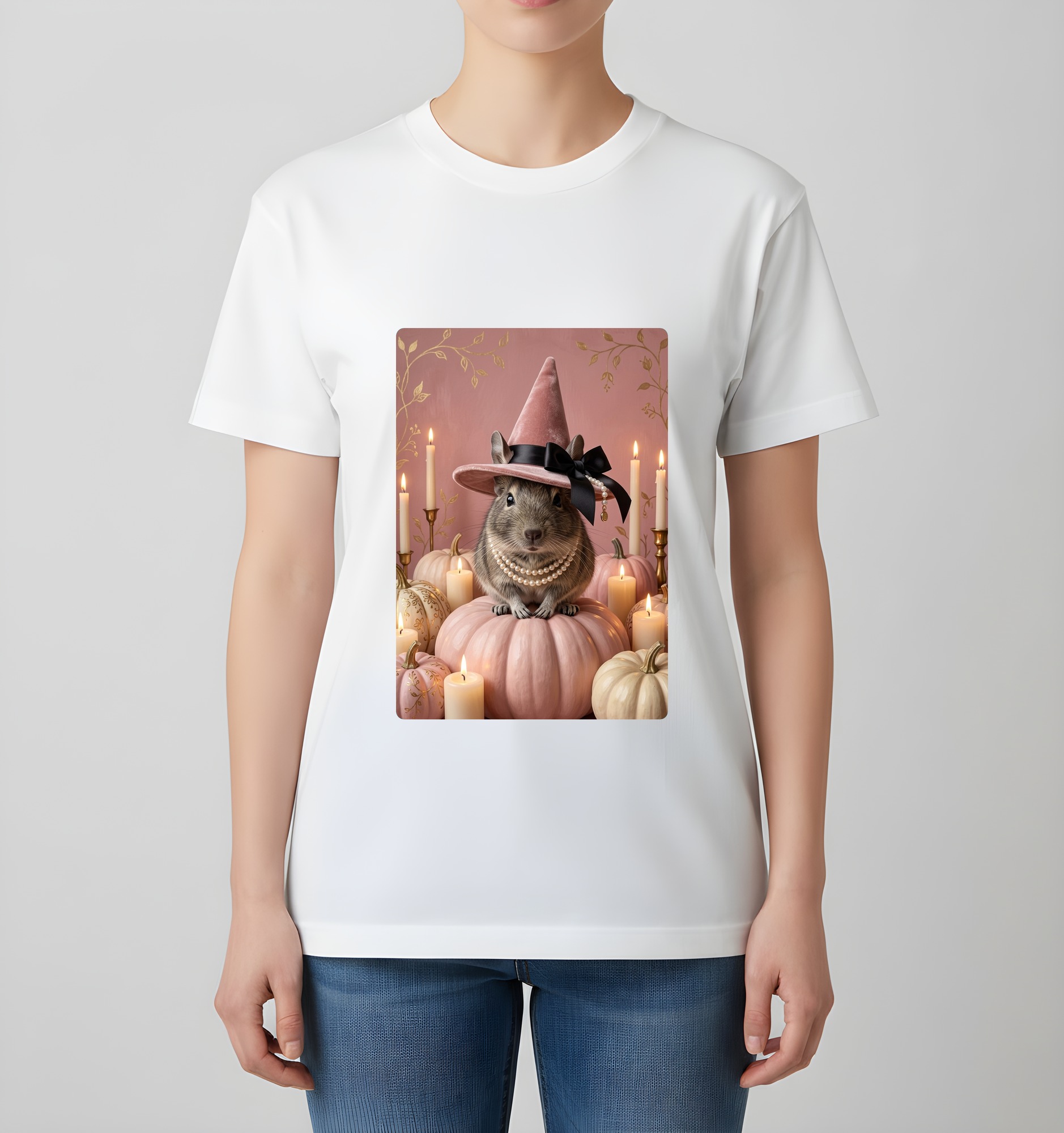 デグーのかぼちゃとキャンドルの油絵風アートハロウィンTシャツ(ホワイト)(4枚目)