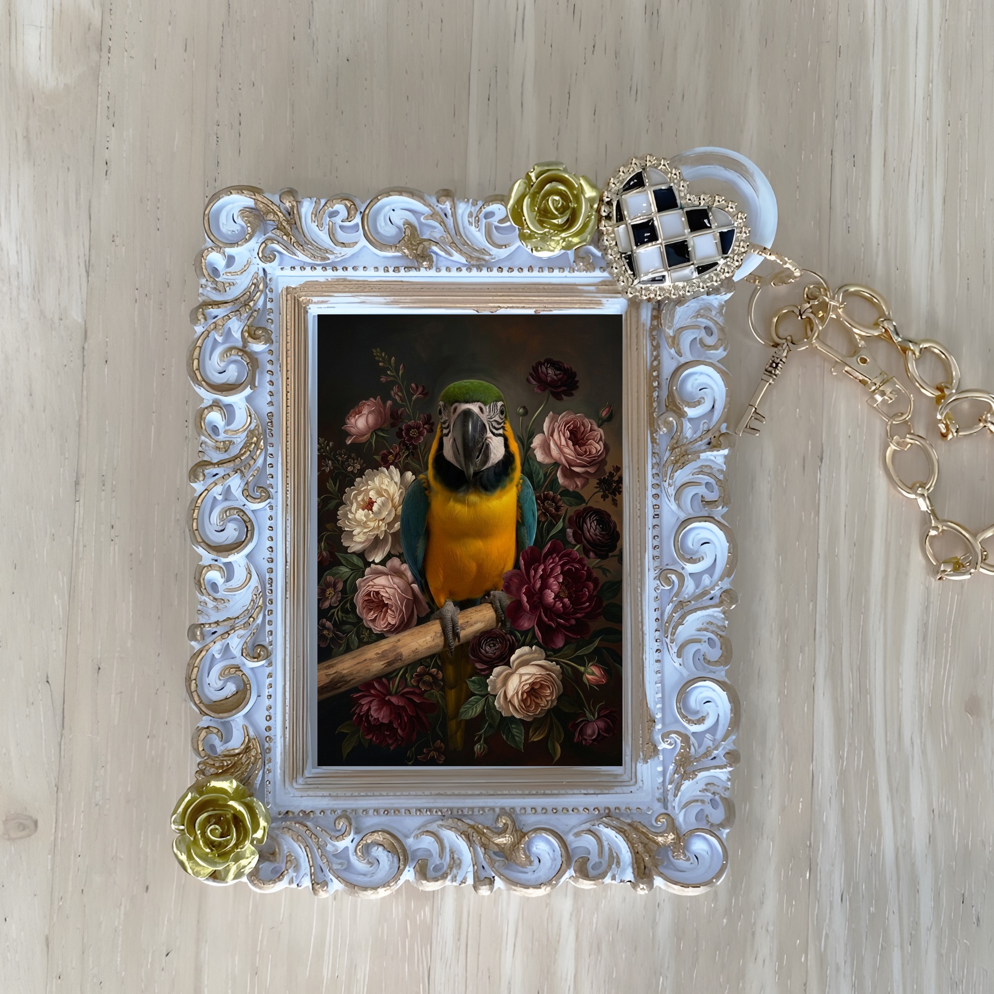 ルリコンゴウインコの花の油絵風アート花柄バッグチャーム(ホワイト)