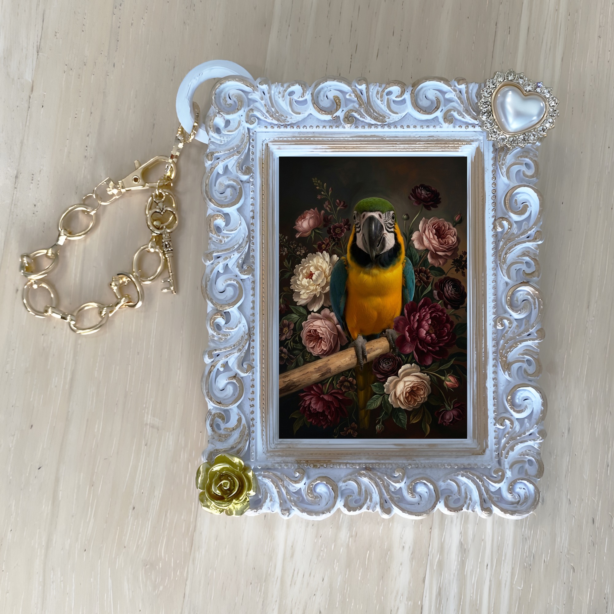 ルリコンゴウインコの花の油絵風アート花柄バッグチャーム(ホワイト)(4枚目)