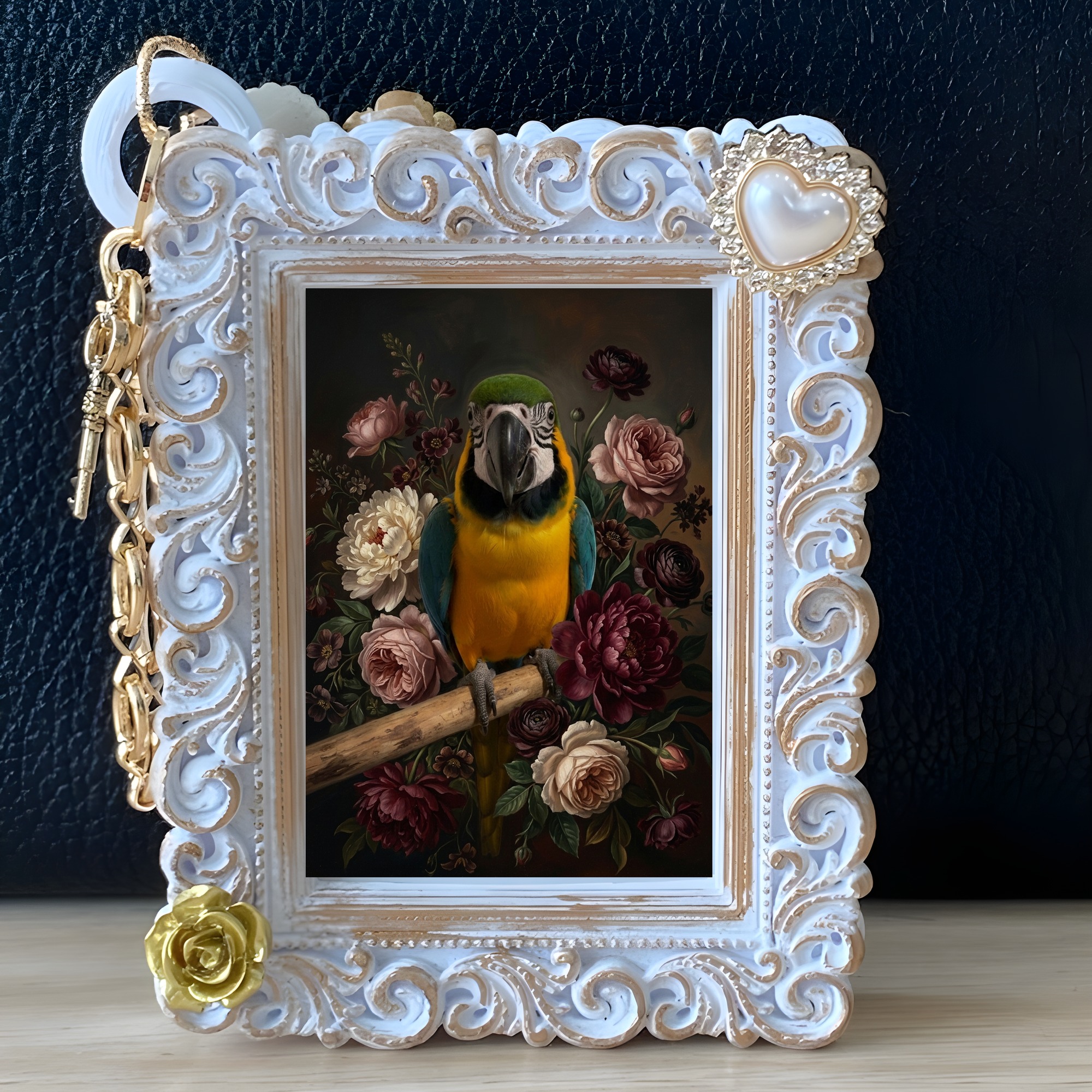 ルリコンゴウインコの花の油絵風アート花柄バッグチャーム(ホワイト)(5枚目)