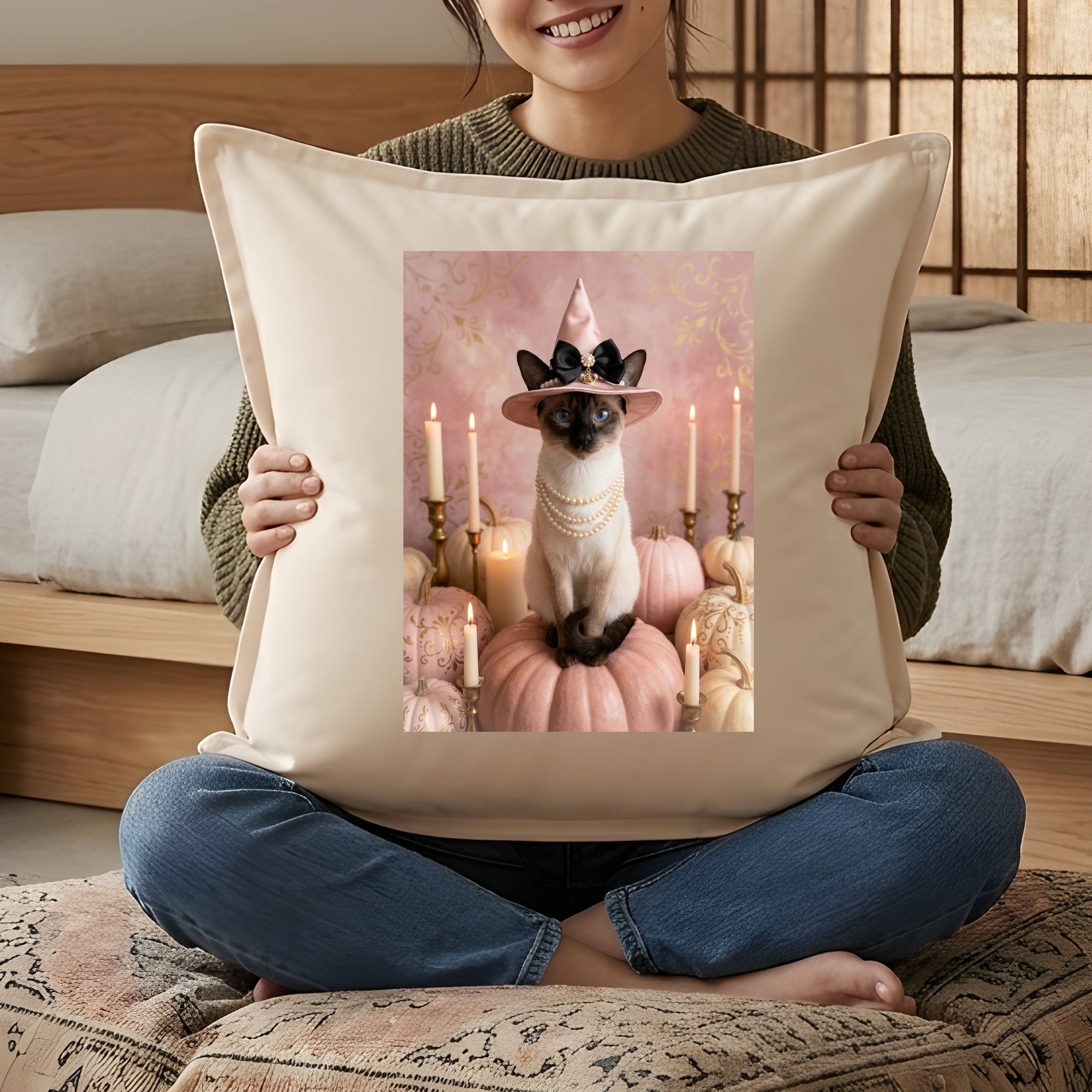 バリニーズのかぼちゃとキャンドルの油絵風アートハロウィンクッション（3枚目）