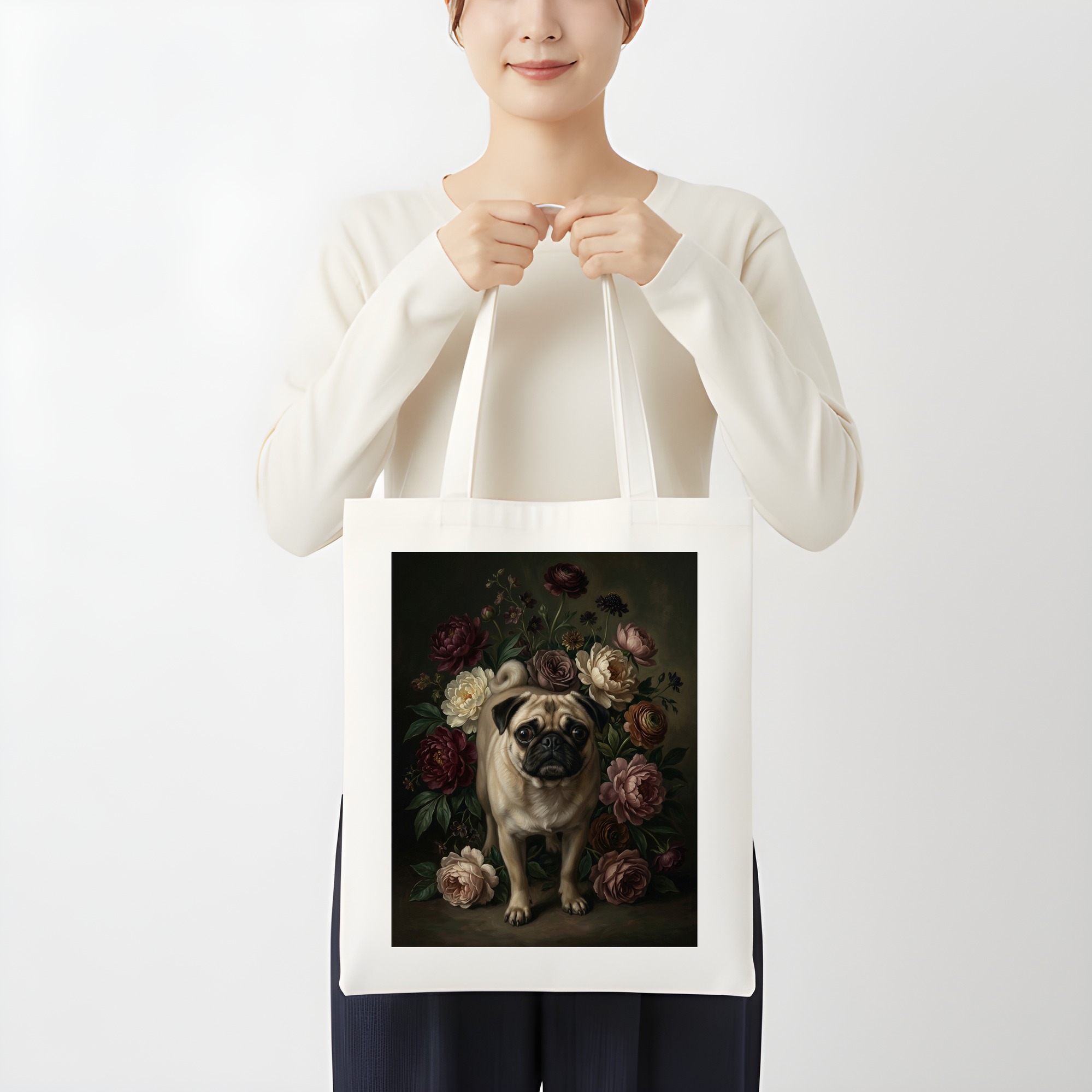 パグの花の油絵風アート花柄トートバッグ（3枚目）