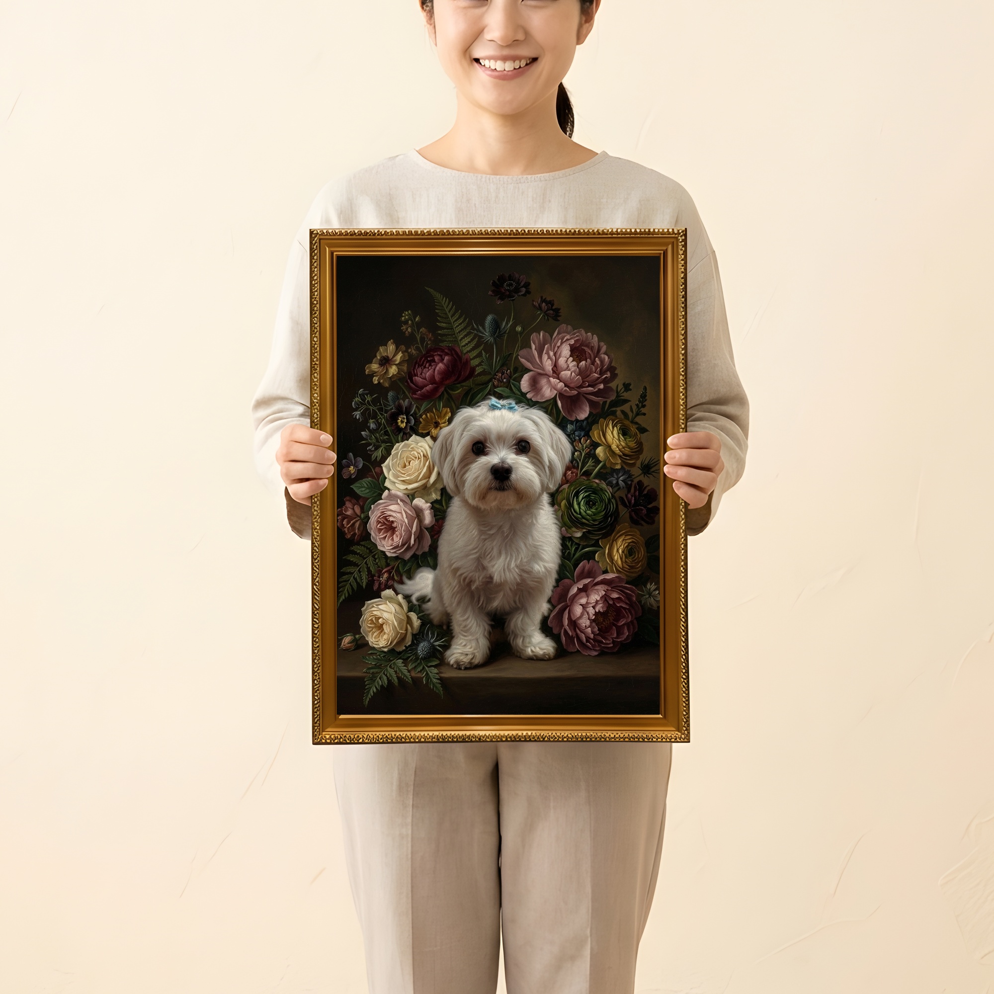 マルチーズの花の油絵風アート花柄額装プリント（A3サイズ）（2枚目）