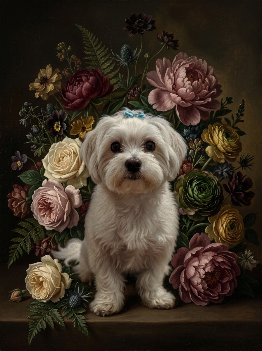 マルチーズの花の油絵風アート花柄額装プリント（A3サイズ）（4枚目）