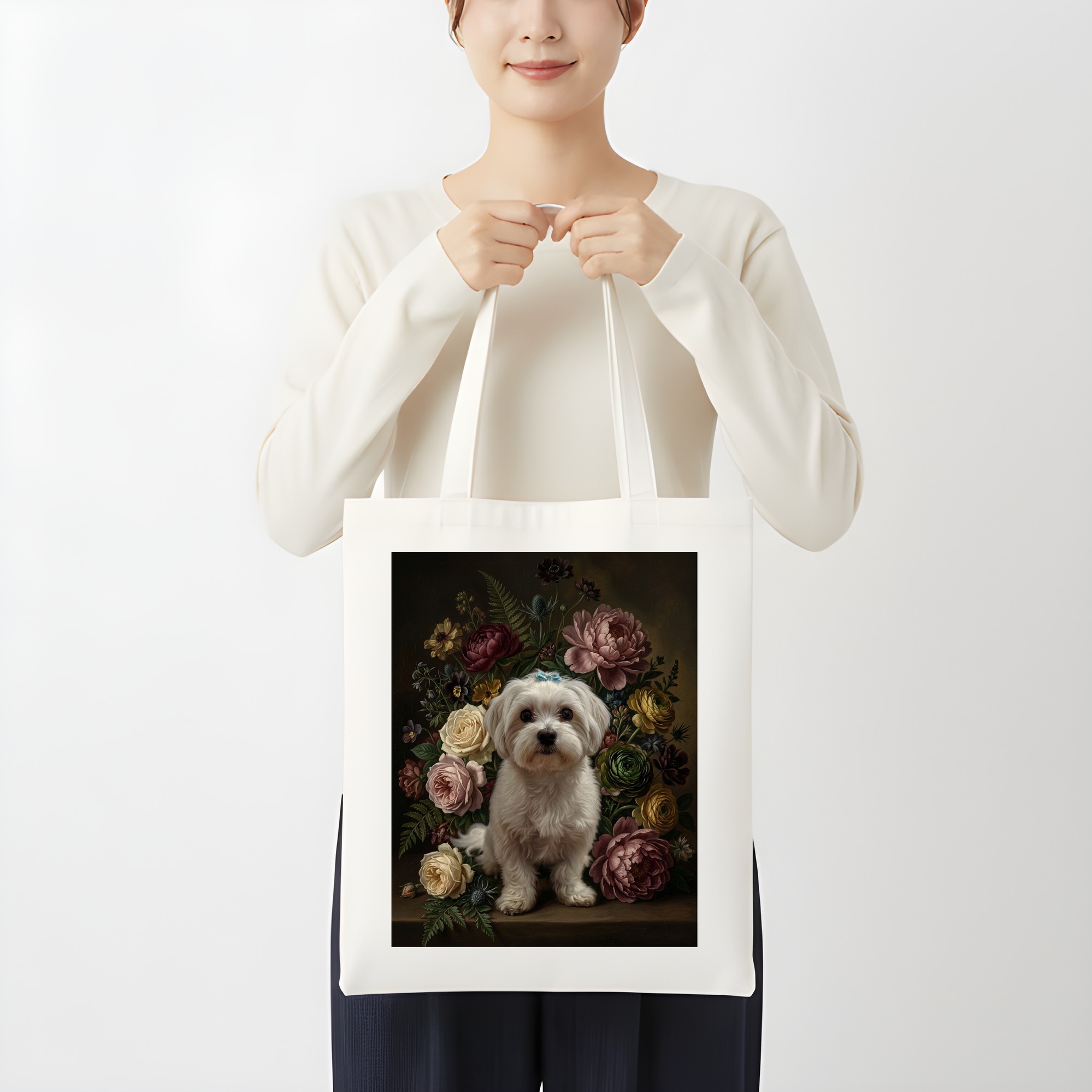 マルチーズの花の油絵風アート花柄トートバッグ(3枚目)