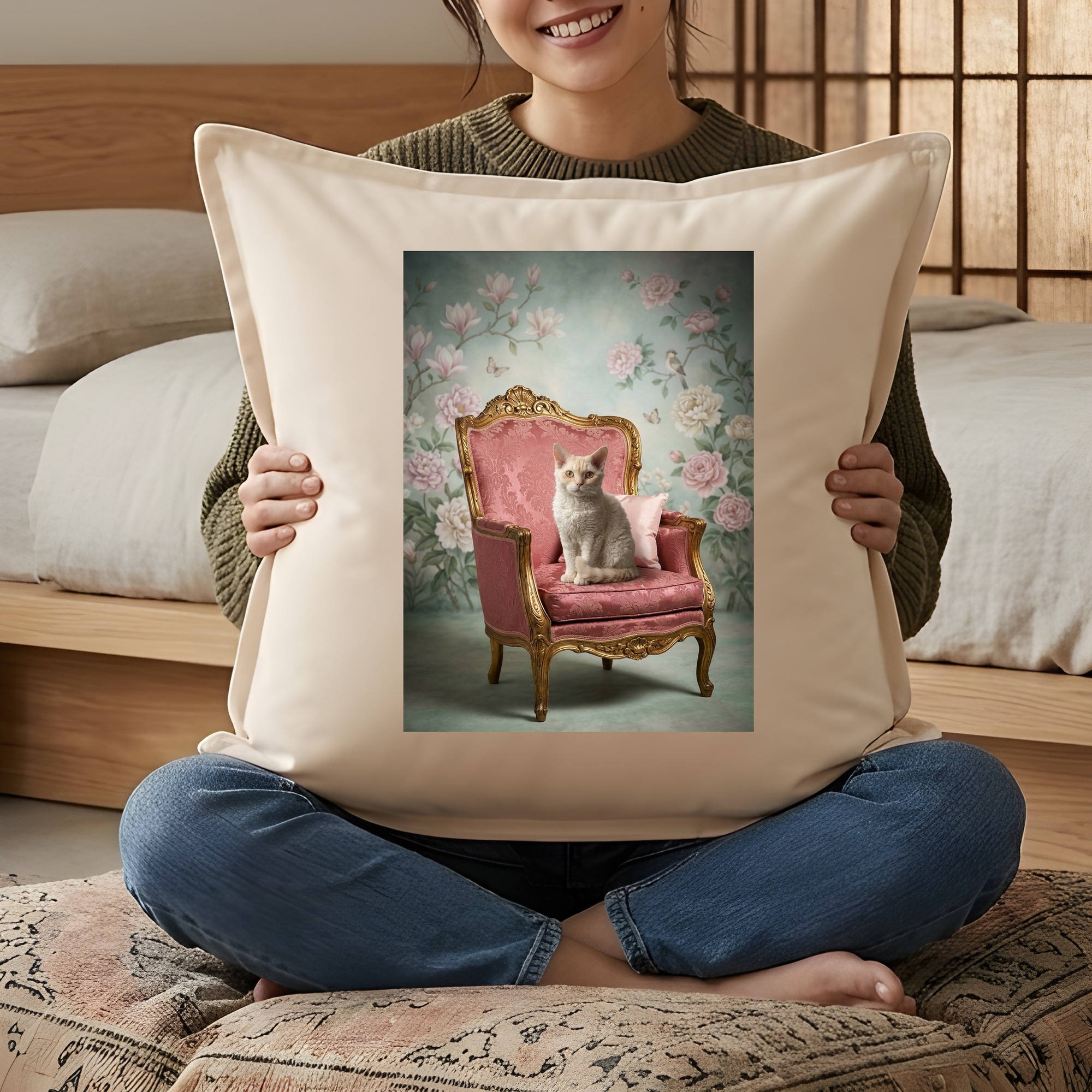 セルカークレックスのシャビーピンクの油絵風アートロココ調クッション（3枚目）