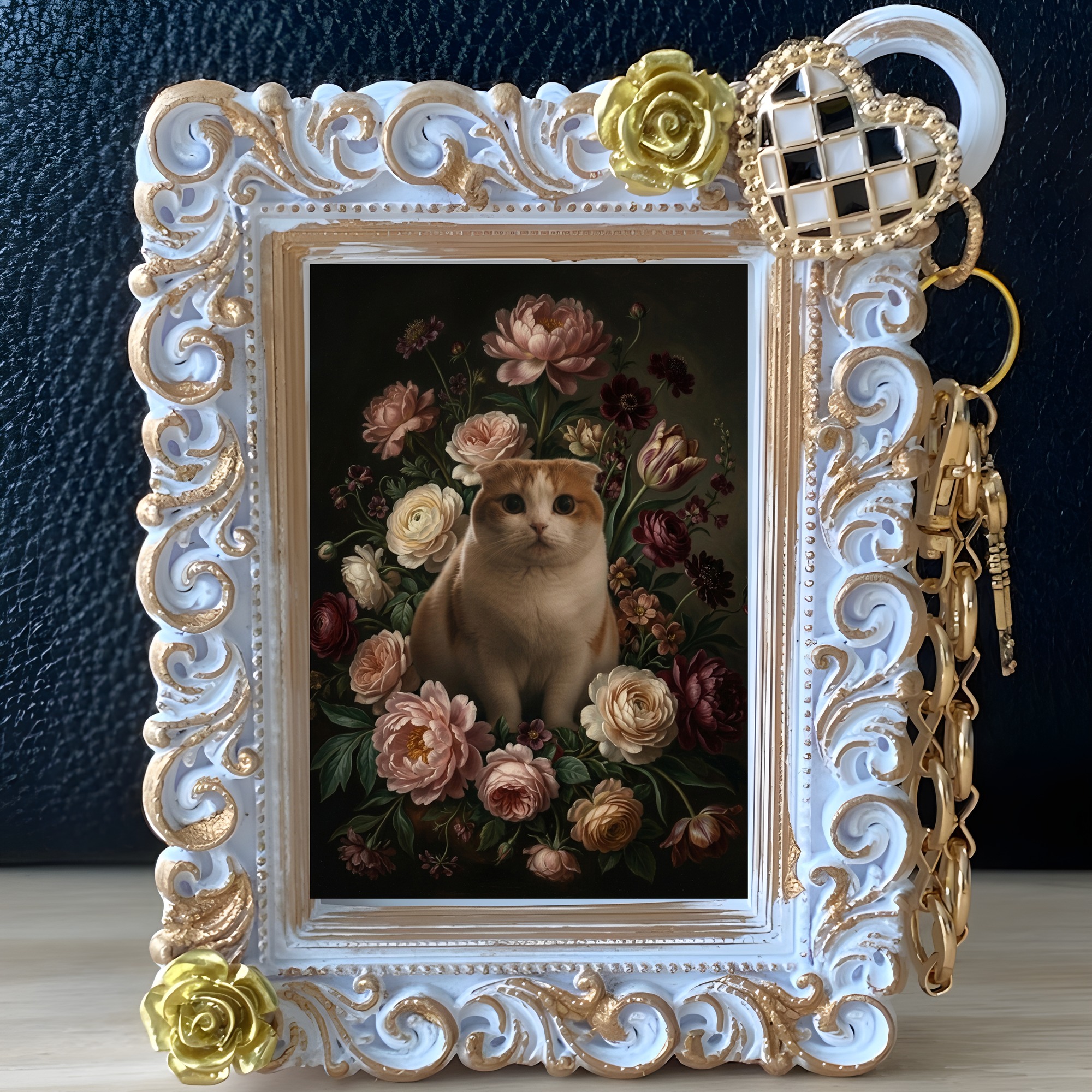 スコティッシュフォールドの花の油絵風アート花柄バッグチャーム(ホワイト)(2枚目)