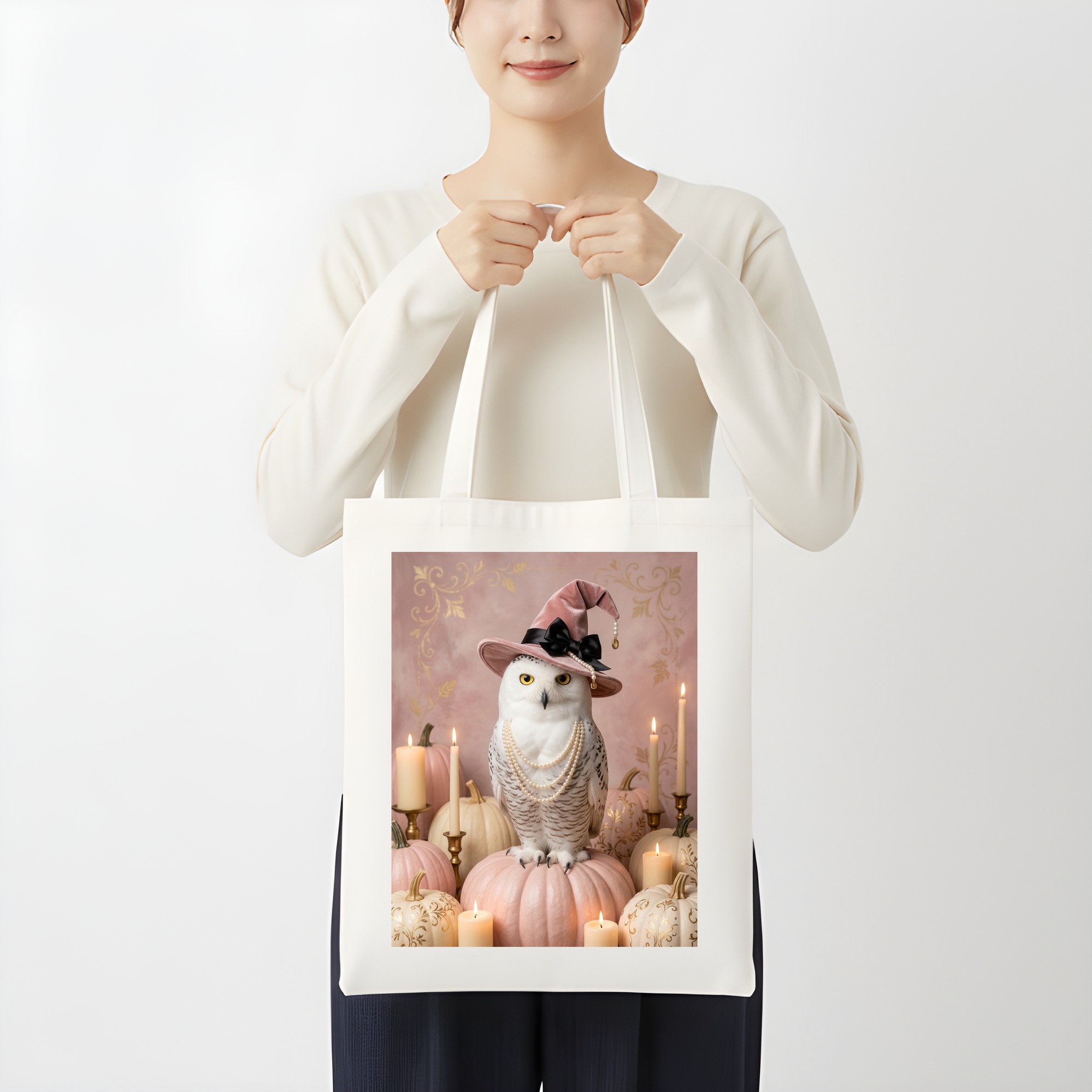 シロフクロウのかぼちゃとキャンドルの油絵風アートハロウィントートバッグ(3枚目)