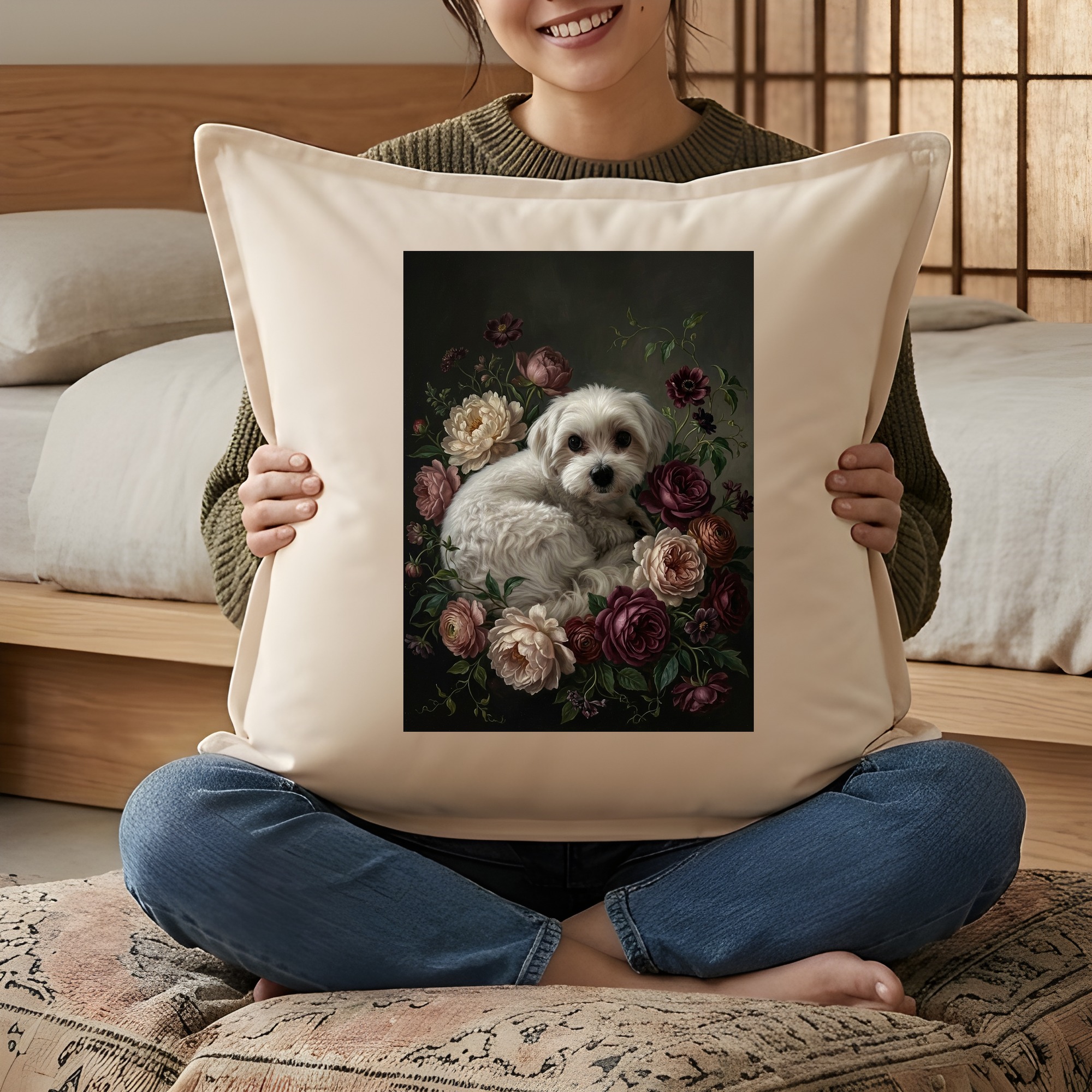 マルチーズの花の油絵風アート花柄クッション（3枚目）
