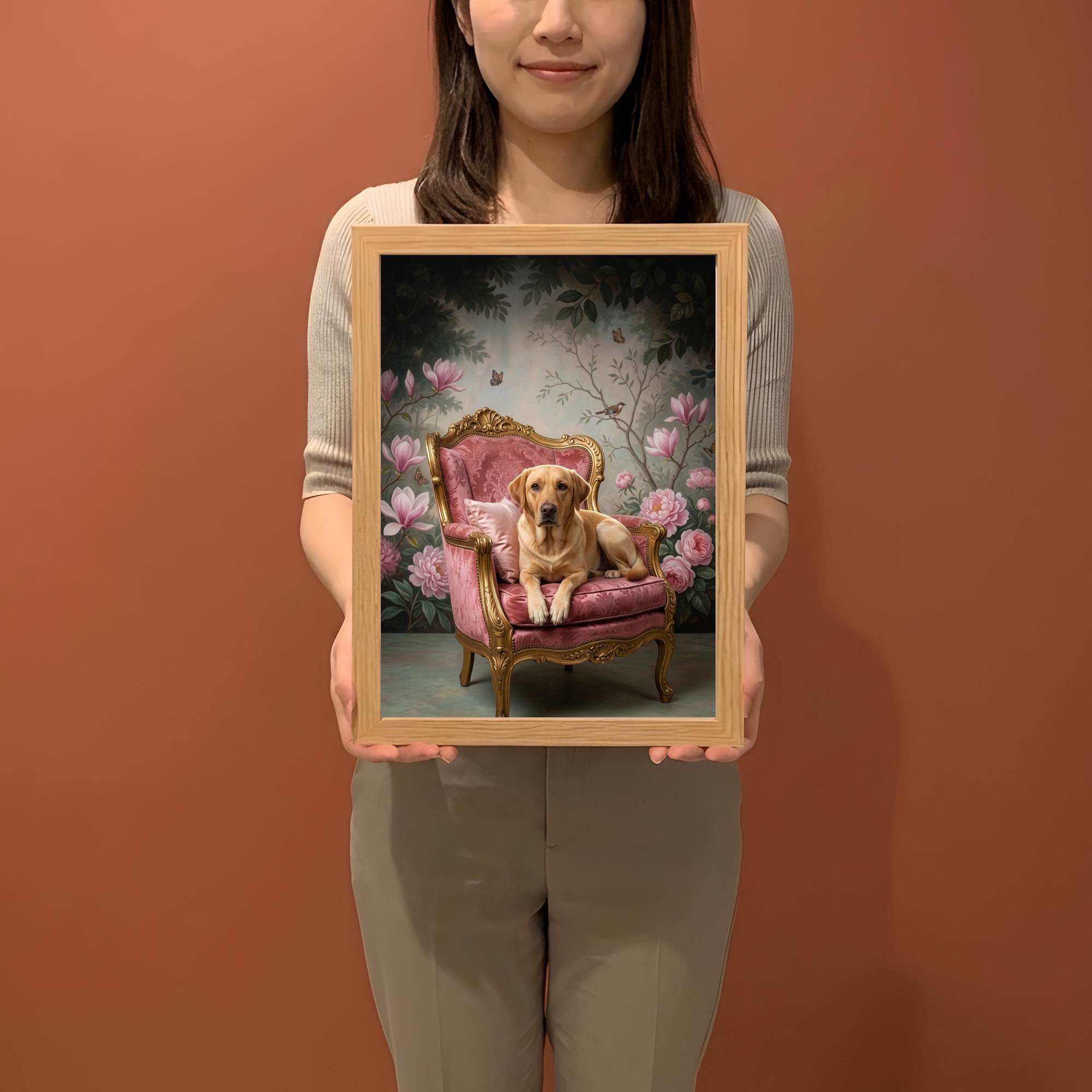 ラブラドールレトリバーのシャビーピンクの油絵風アートロココ調額装プリント（A4サイズ）（2枚目）