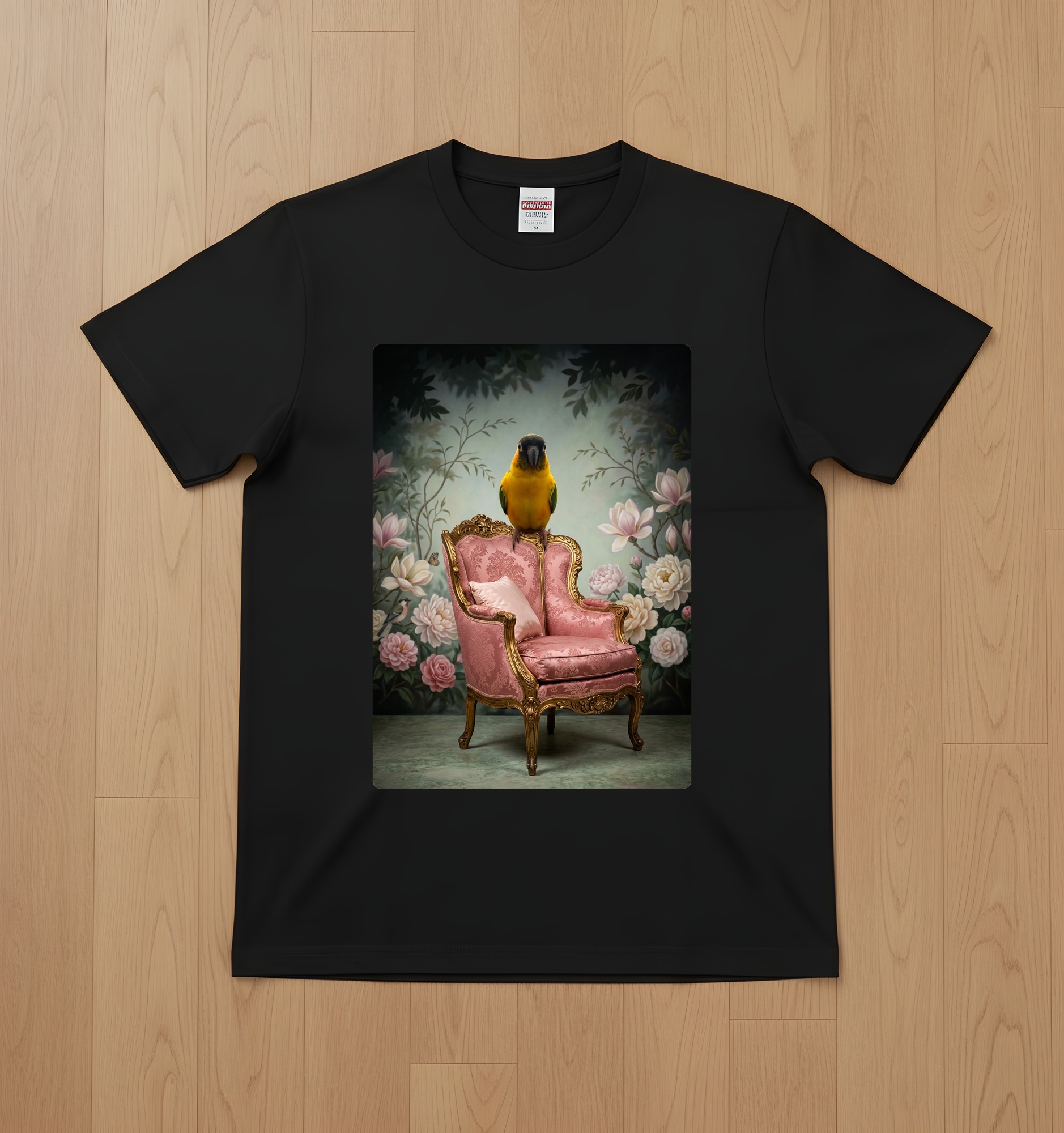 ズグロシロハラインコのシャビーピンクの油絵風アートロココ調Tシャツ(ブラック)