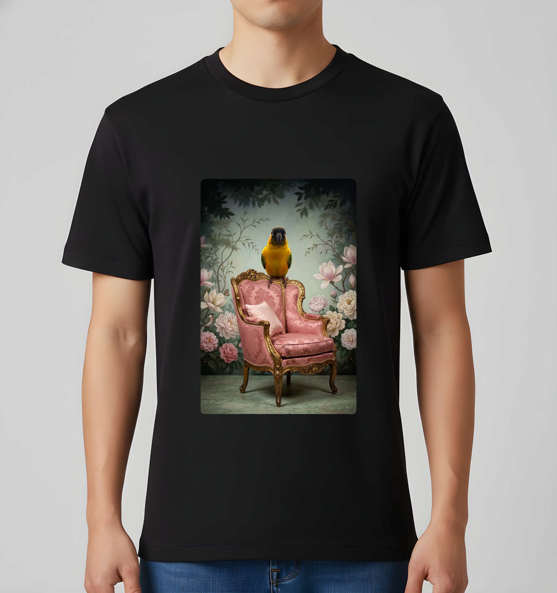 ズグロシロハラインコのシャビーピンクの油絵風アートロココ調Tシャツ(ブラック)(3枚目)