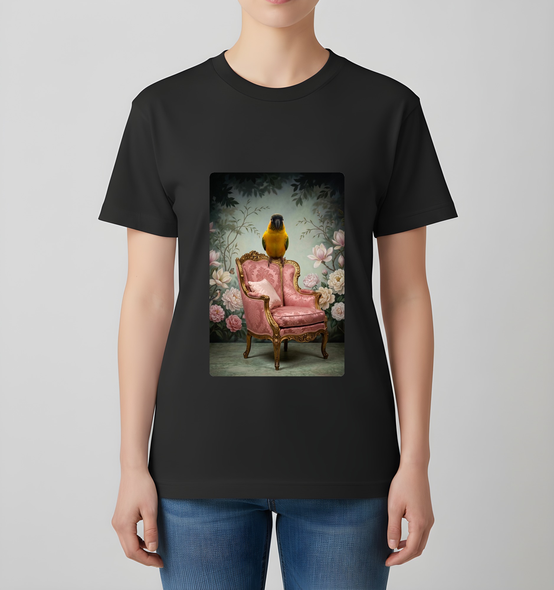ズグロシロハラインコのシャビーピンクの油絵風アートロココ調Tシャツ(ブラック)(4枚目)